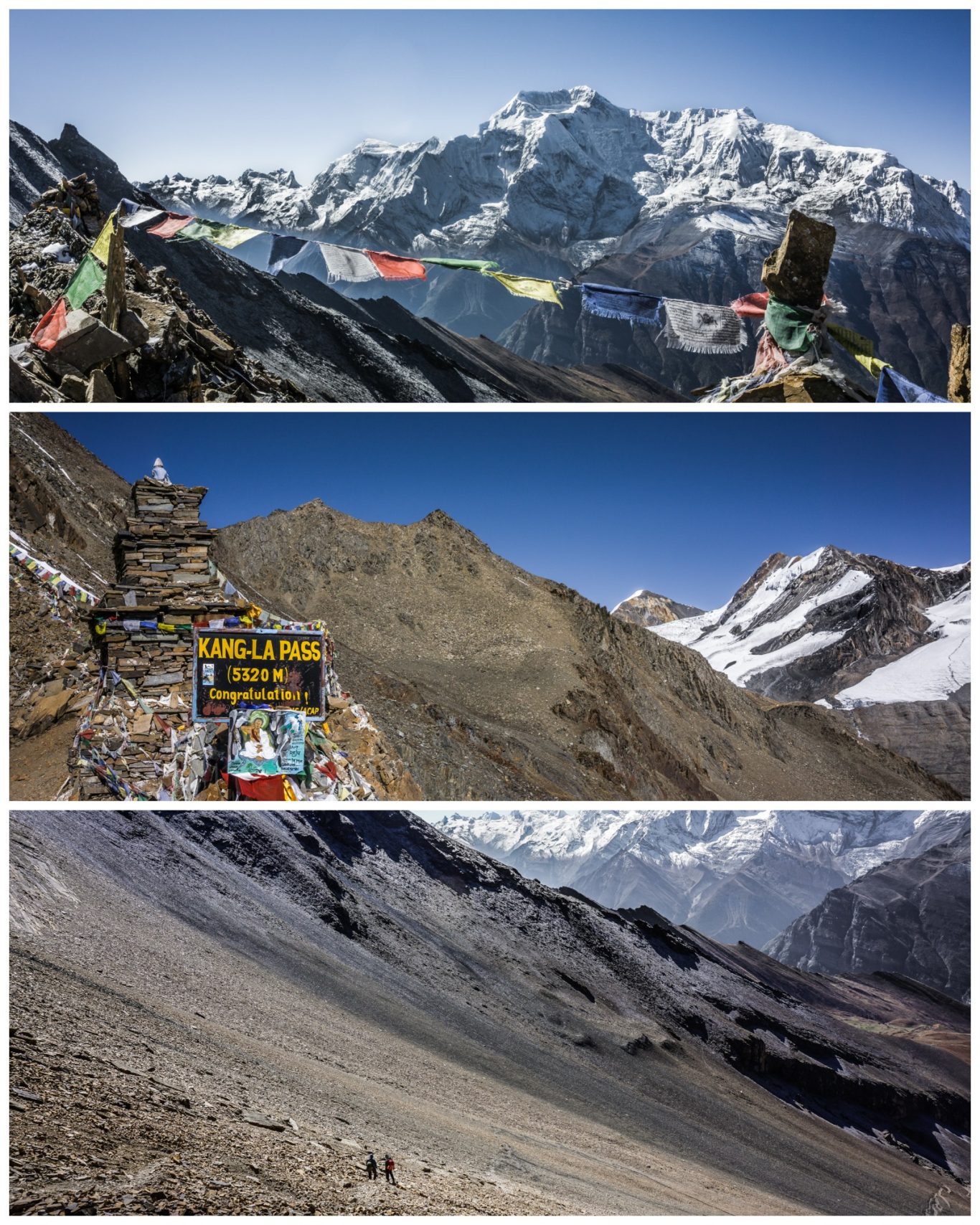 Kang La (5.306 m) Berglandschaft mit Gebetsfahnen, Hochgebirge und weitläufigem Tal.