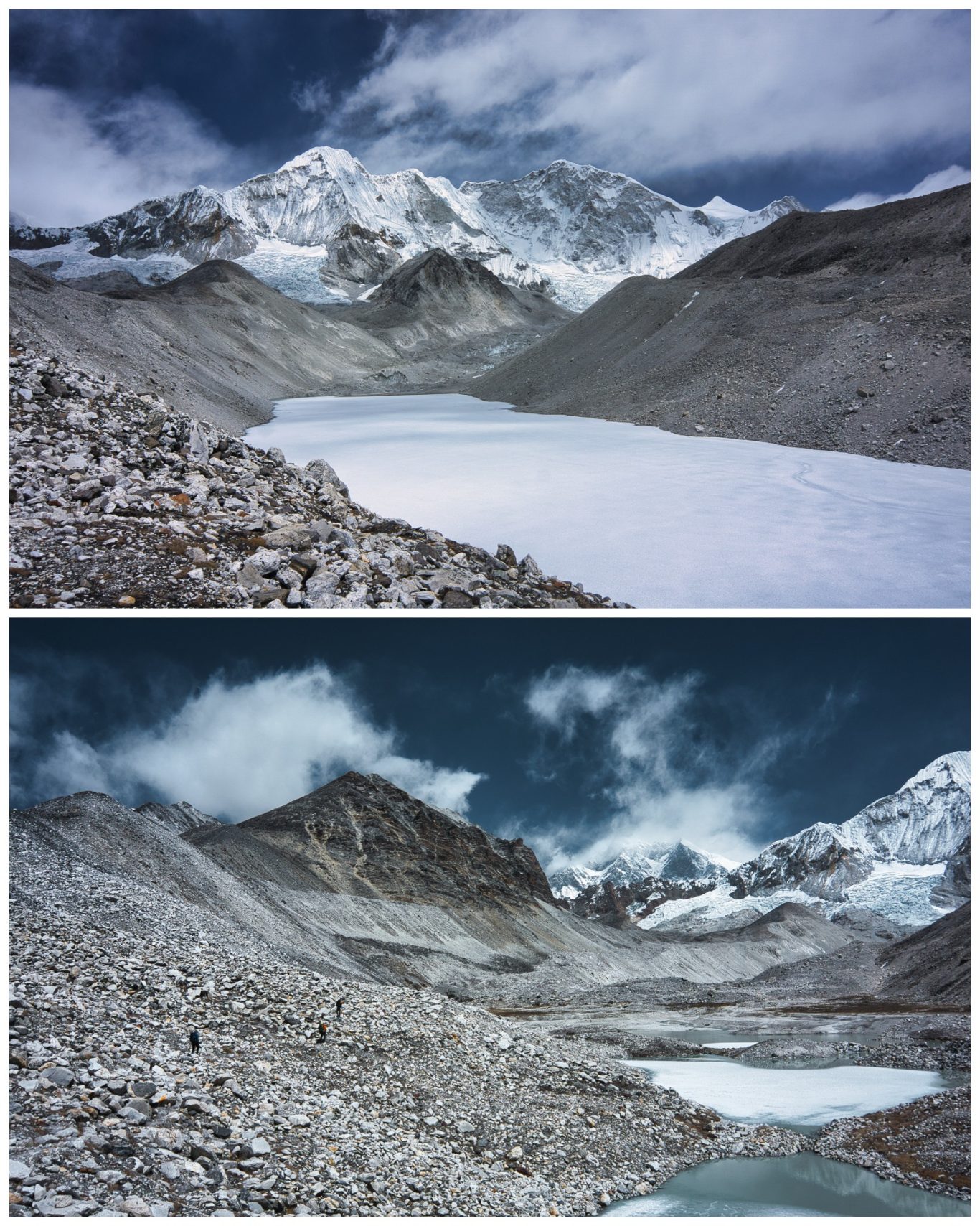Hongu Valley Berglandschaft mit schneebedeckten Gipfeln und einem tiefblauen See in der Mitte.