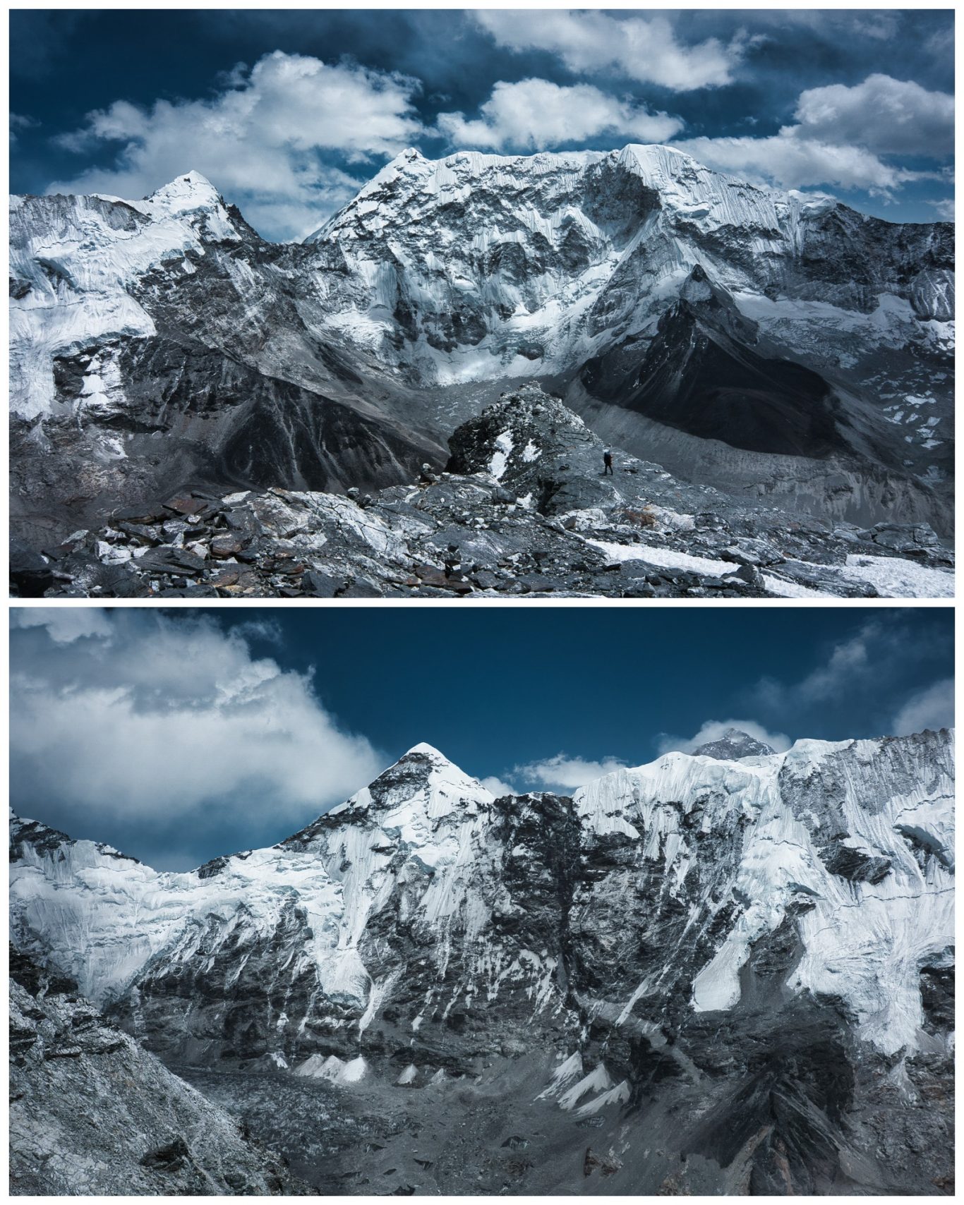 Aufstieg am Island Peak Gipfel eines schneebedeckten Gebirges unter einem bewölkten Himmel.