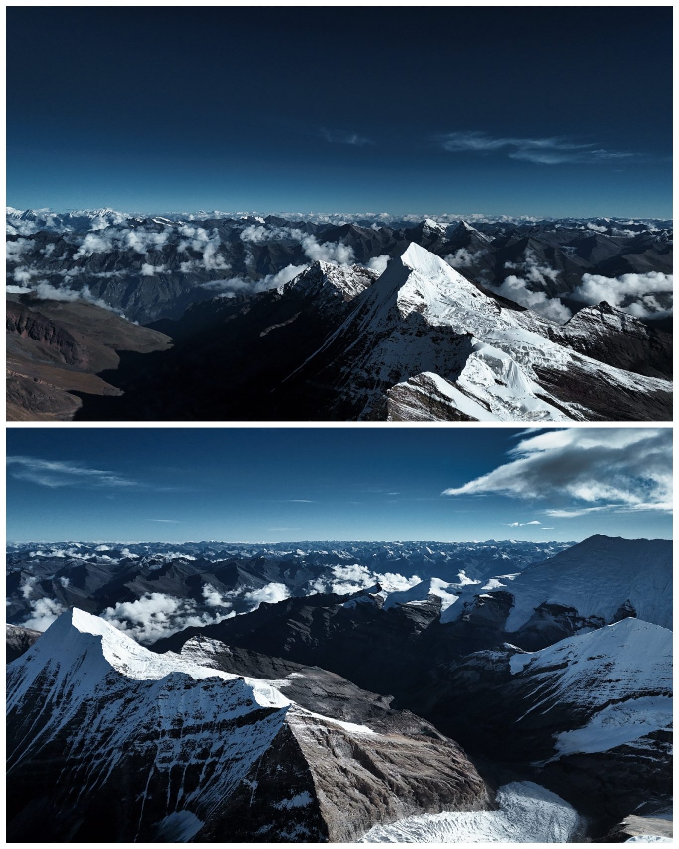 Camp 2 am Putha Hiunchuli (ca. 6.100 m) Berglandschaft mit schneebedeckten Gipfeln und klarem, blauem Himmel.