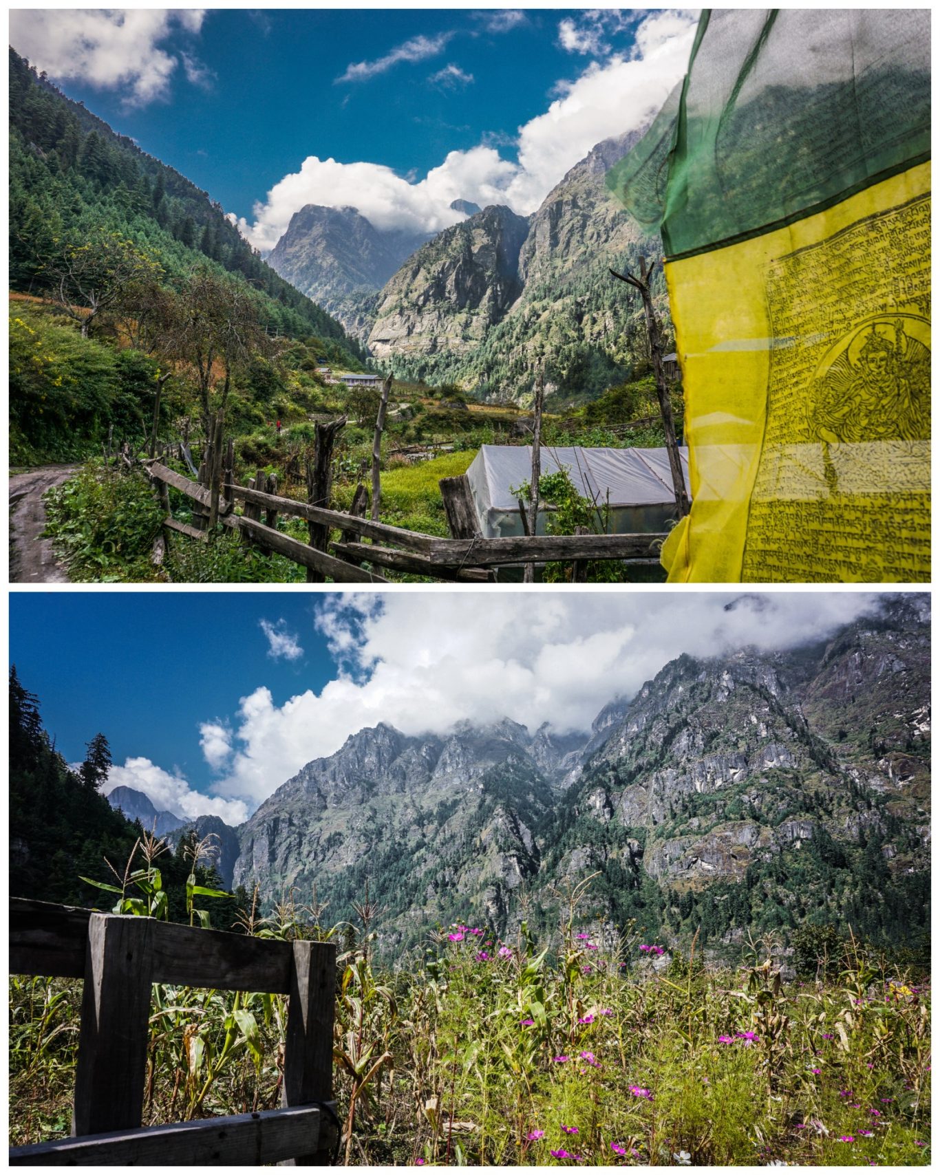 Tanchowk Village (2.400 m) Berglandschaft mit grünen Feldern und Wolken, eingefasst von hohen Bergen.