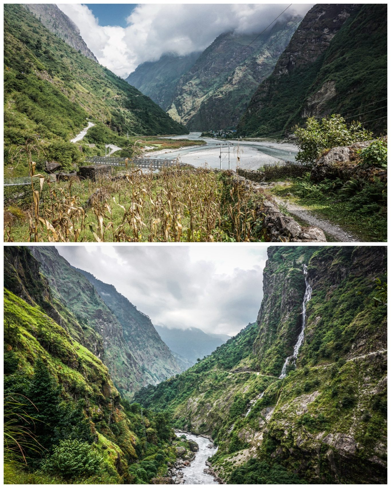 Tal Village (1.700 m) Bergige Landschaft mit einem Fluss und Wasserfällen, umgeben von grünen Hängen.