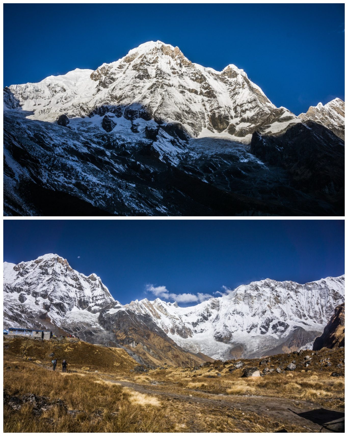 Annapurna South (7.219 m) & Annapurna I (8.091 m) Hohe, schneebedeckte Berge unter klarem blauen Himmel, mit grünen Tälern im Vordergrund.