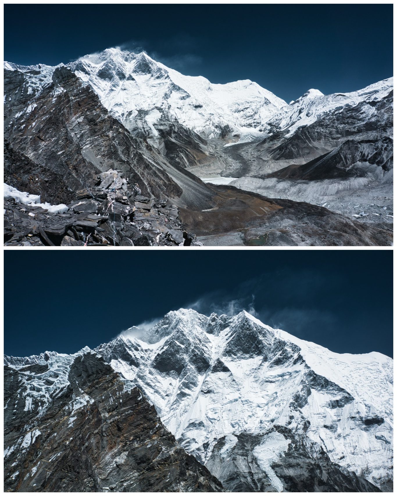 Amphu Lapcha La (5.845 m) Schneebedeckte Berge mit einem Gletscher und steilen Felsen im Vordergrund.
