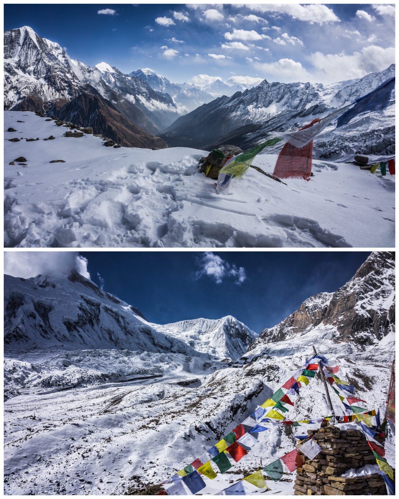 Manaslu Basecamp (4.900 m) Schneebedeckte Berge mit bunten Gebetsfahnen und Zelten in einer Hochgebirgslandschaft.