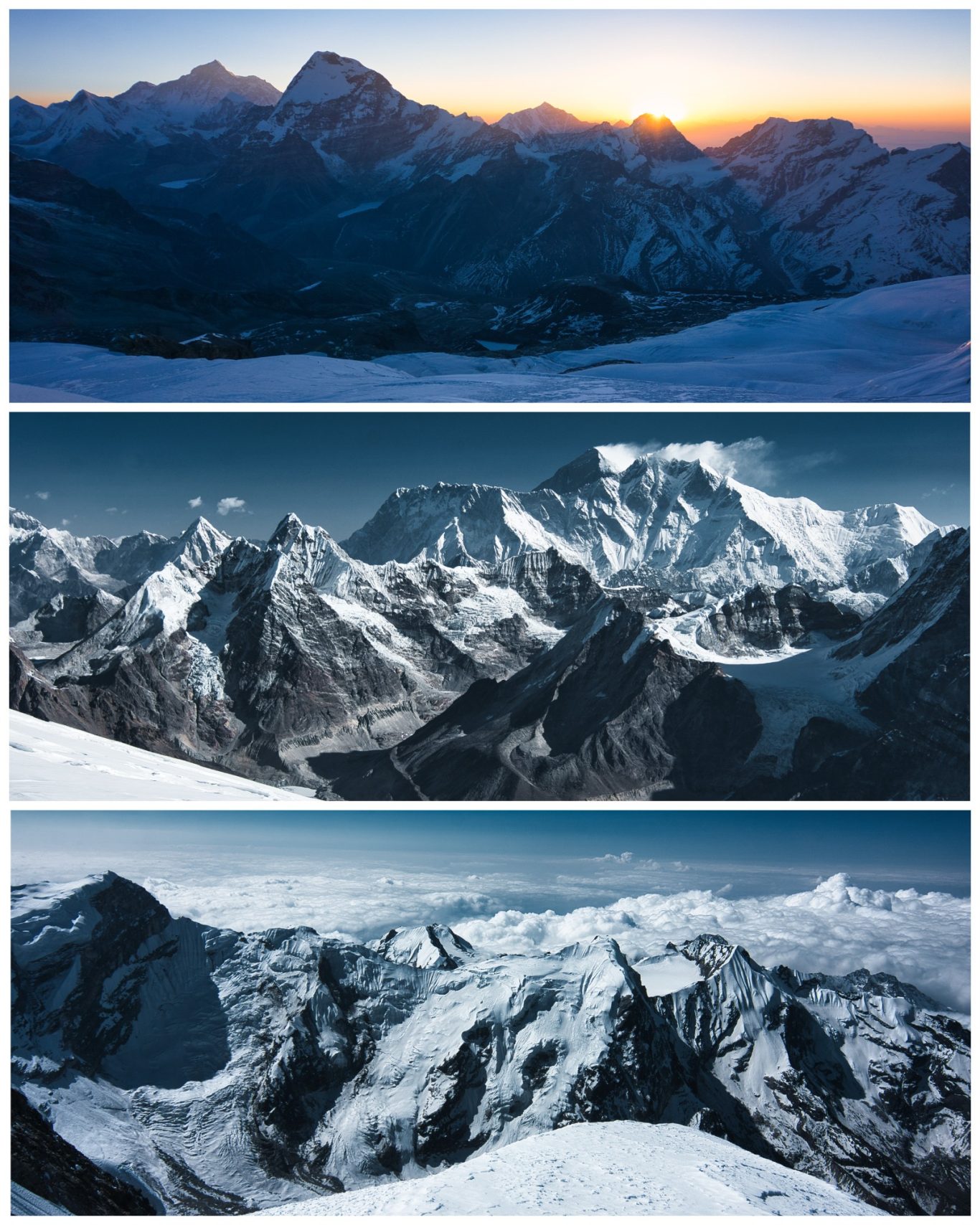 Mera Peak (6.476 m) Drei Ansichten schneebedeckter Berge unter verschiedenen Lichtverhältnissen.