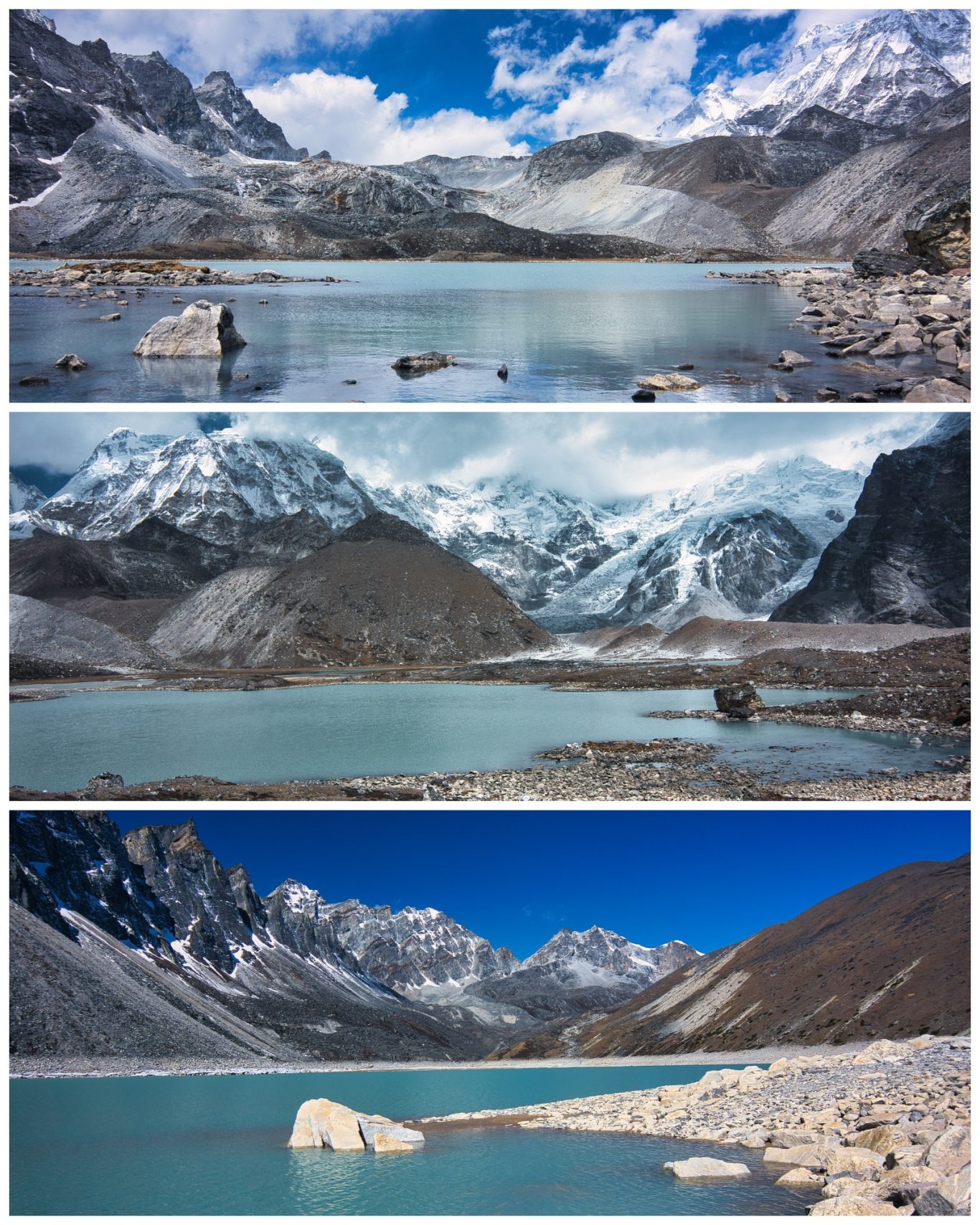 Gokyo Lakes Drei panoramische Ansichten eines Gebirges mit Seen und schneebedeckten Gipfeln.