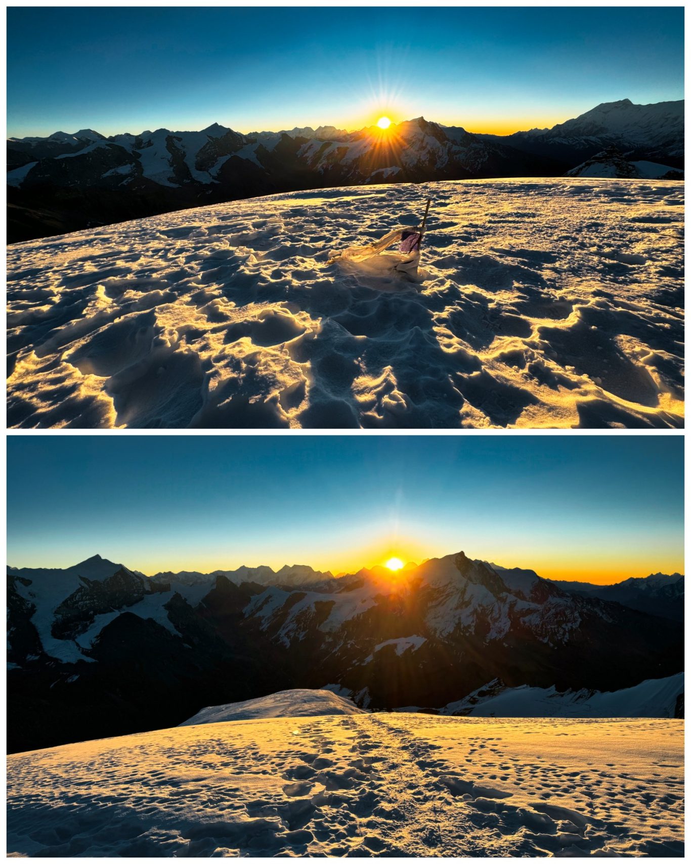 Thorong Peak Sonnenaufgang (6.144 m) Sonnenaufgang über schneebedeckten Bergen, der Himmel leuchtet in warmen Farben.