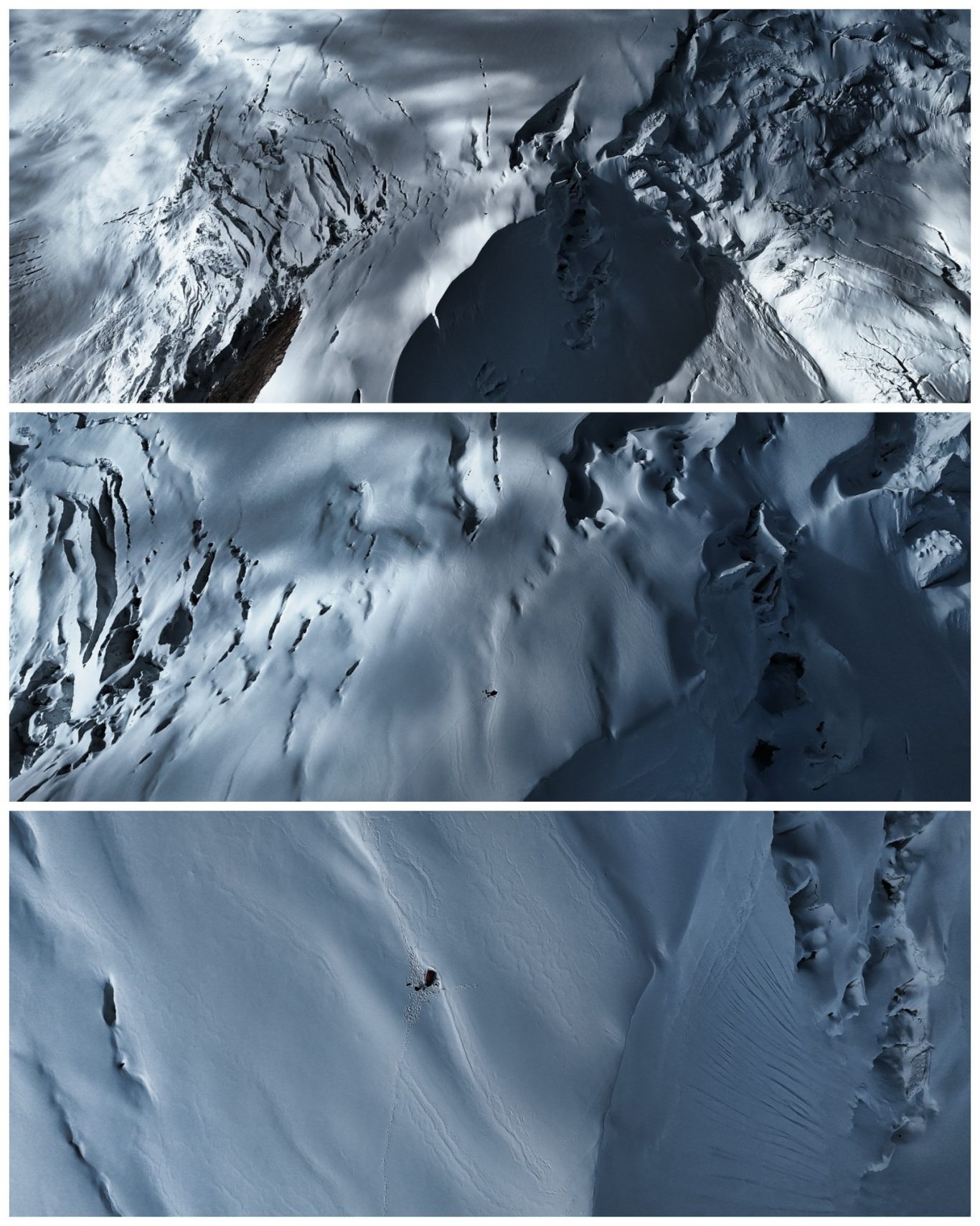 Camp 2 am Putha Hiunchuli von oben Schneebedeckte Berglandschaft mit schroffen Gipfeln und sanften Hängen.