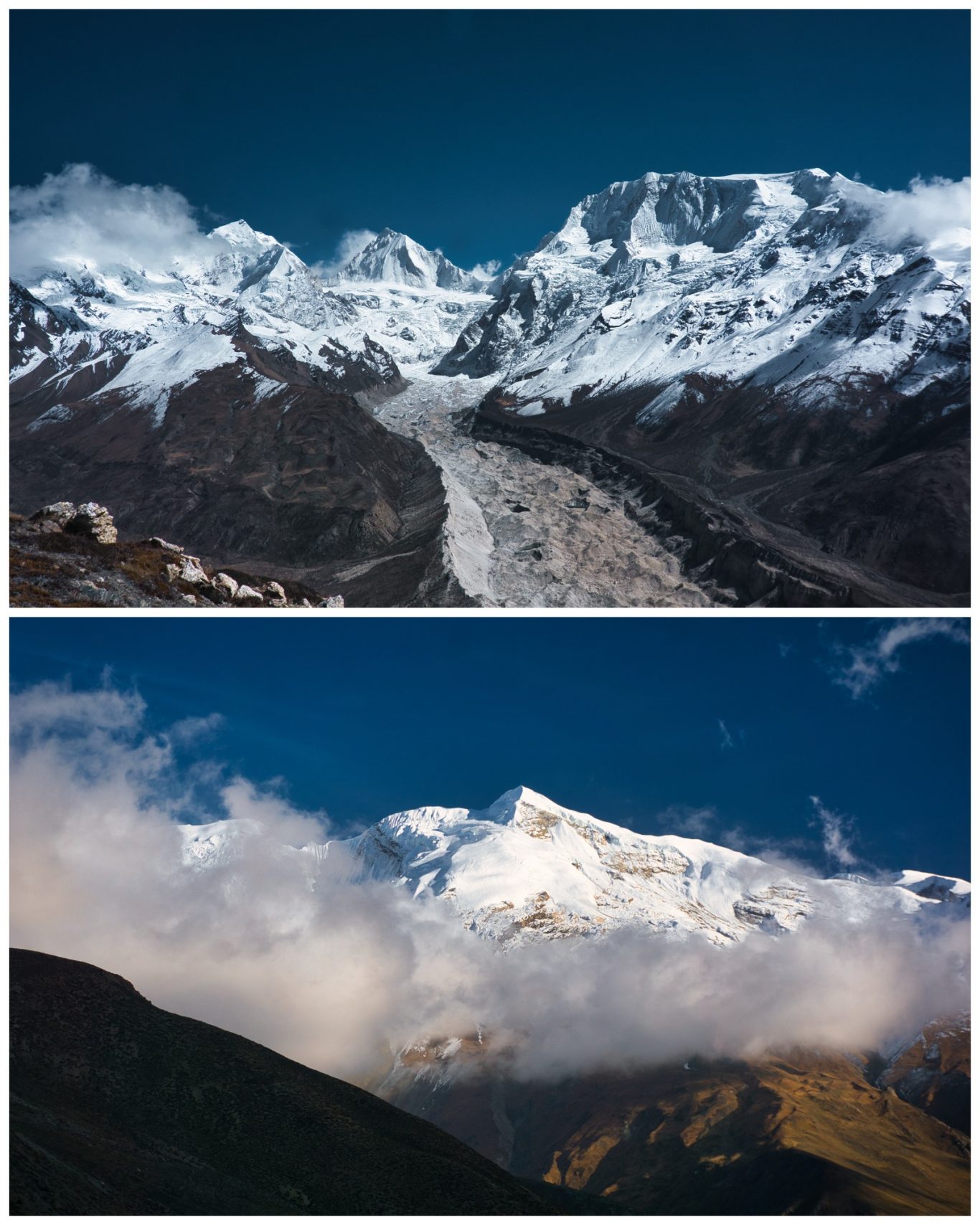 Nemjung, Gyaji Kang & Kang Guru Eine beeindruckende Berglandschaft mit schneebedeckten Gipfeln und Wolken.