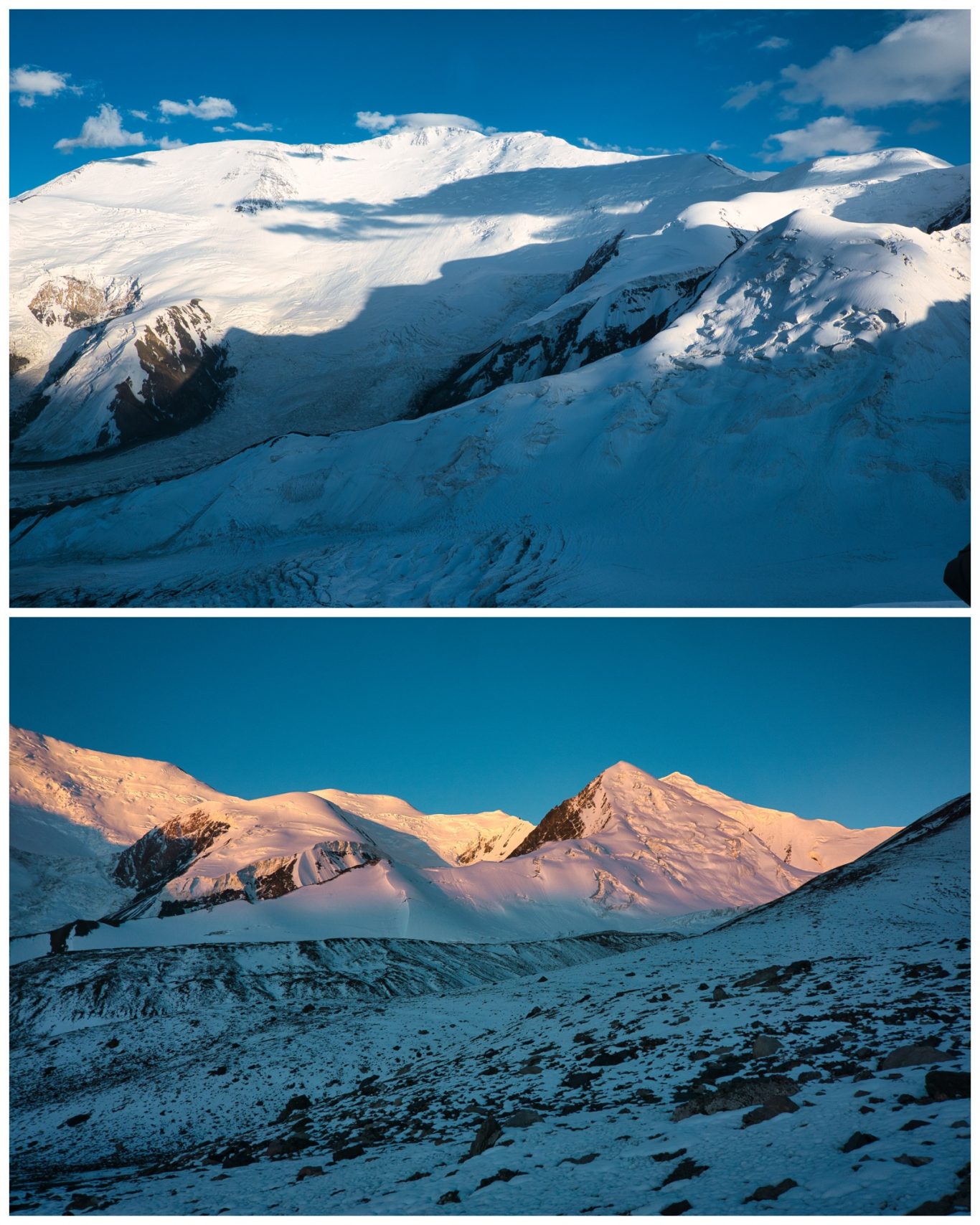 Basecamp-Atmosphäre (ca. 4.900 m) Schneebedeckte Berglandschaft mit dramatischem Himmel und Sonnenlicht auf den Gipfeln.