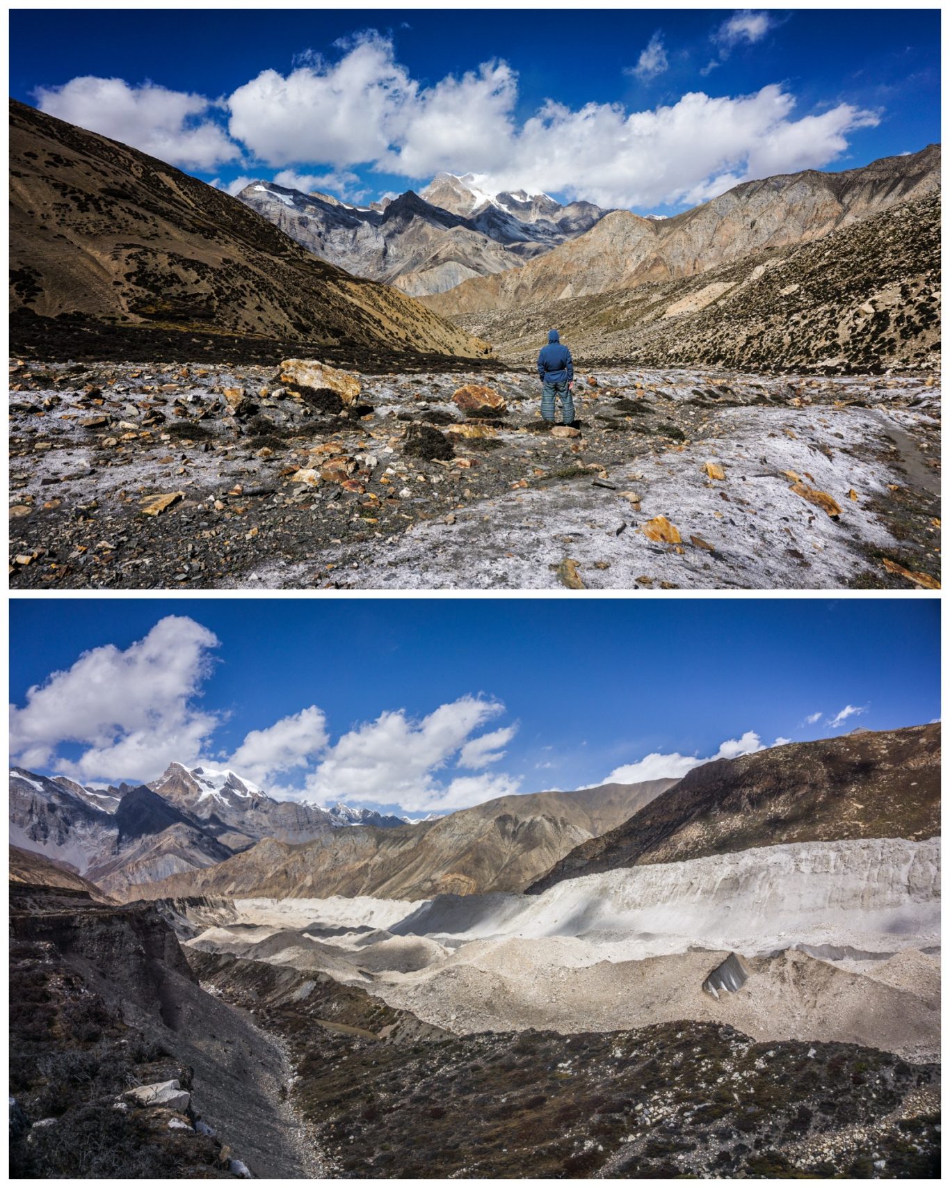 Aufstieg ins Himlung Basecamp Berglandschaft mit einem Wanderer im Vordergrund und schneebedeckten Gipfeln im Hintergrund.