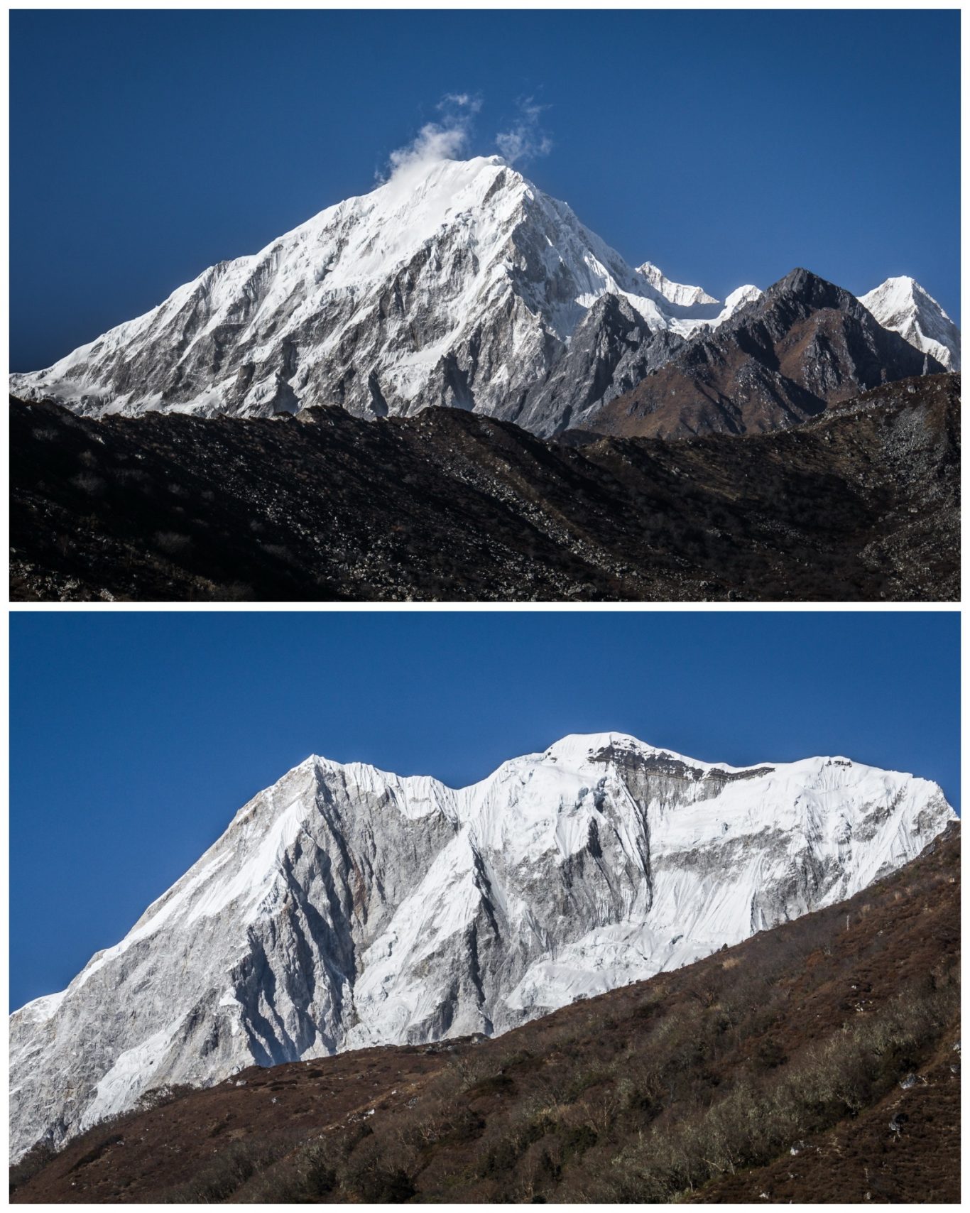 Nemjung (7.140 m) & Panbari (6.905 m) Schneebedeckte Bergspitze mit klar blauem Himmel im Hintergrund.
