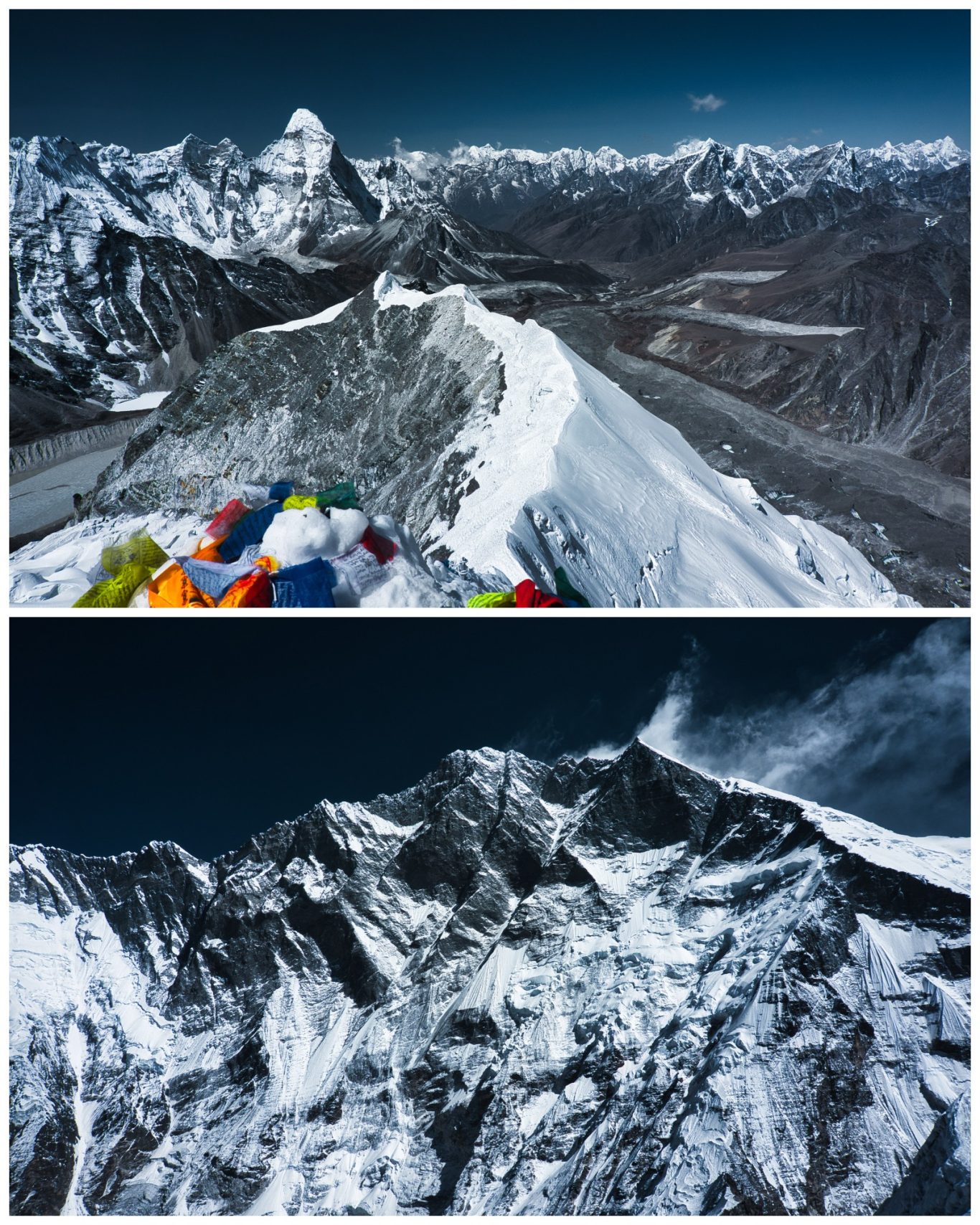 Island Peak Summit (6.189 m) Blick von einem Gipfel auf schneebedeckte Berge und Täler in der Himalaya-Region.
