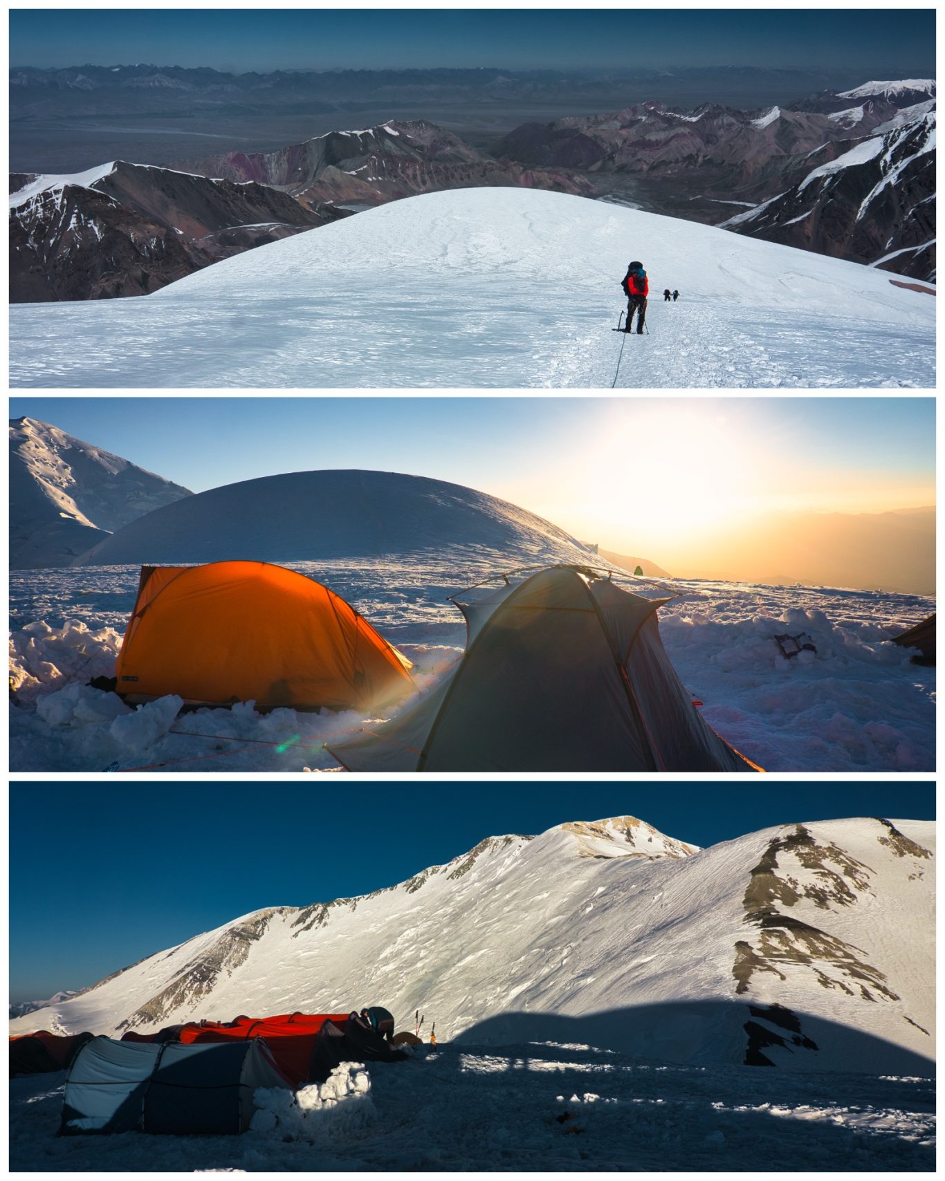 Pik Lenin Camp 2 (6.100 m) Blick auf einen Berg, Zeltlager und Sonnenaufgang über schneebedeckten Gipfeln.