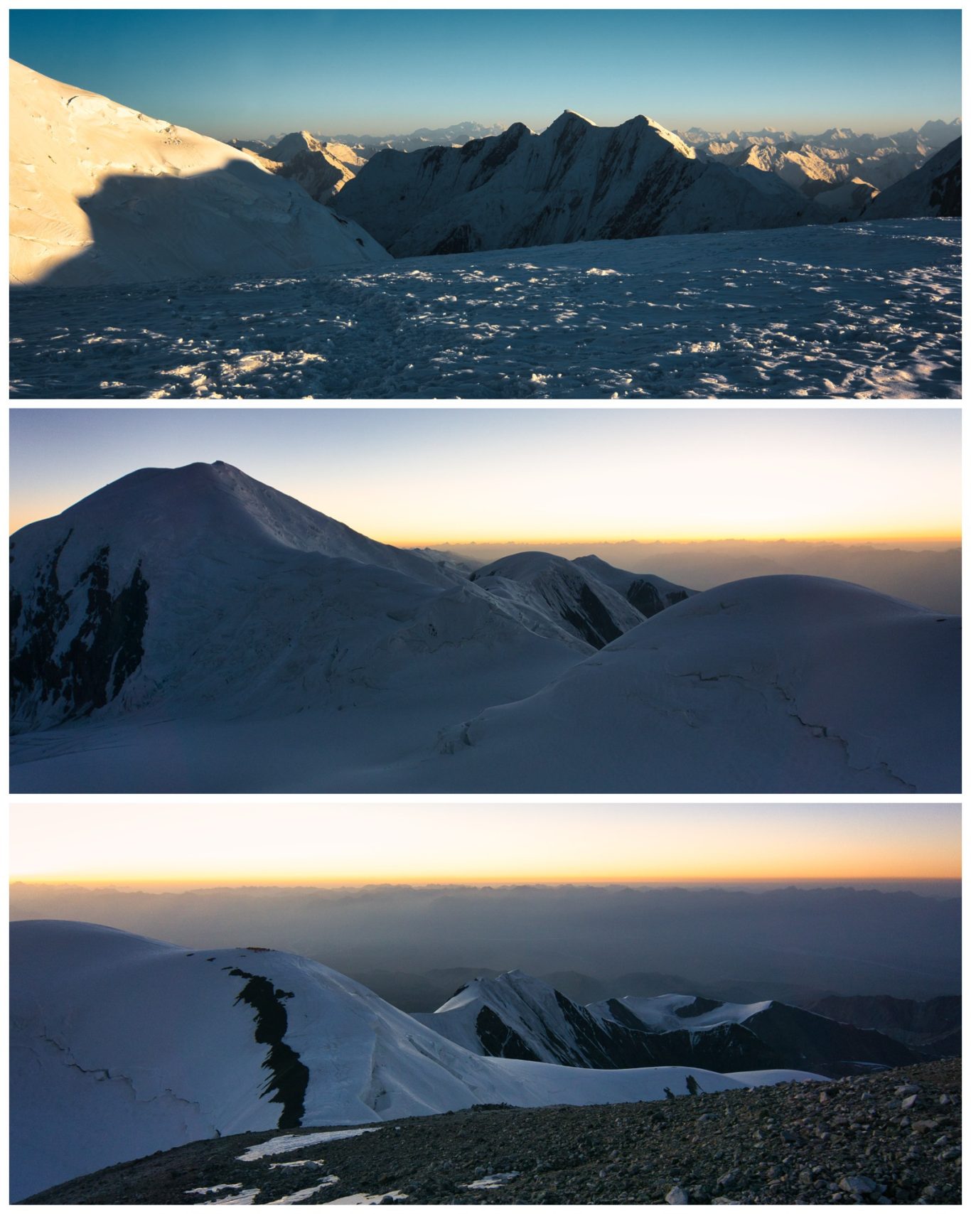 Abstieg vom Pik Lenin Berglandschaft mit schneebedeckten Gipfeln und Sonnenuntergang im Hintergrund.