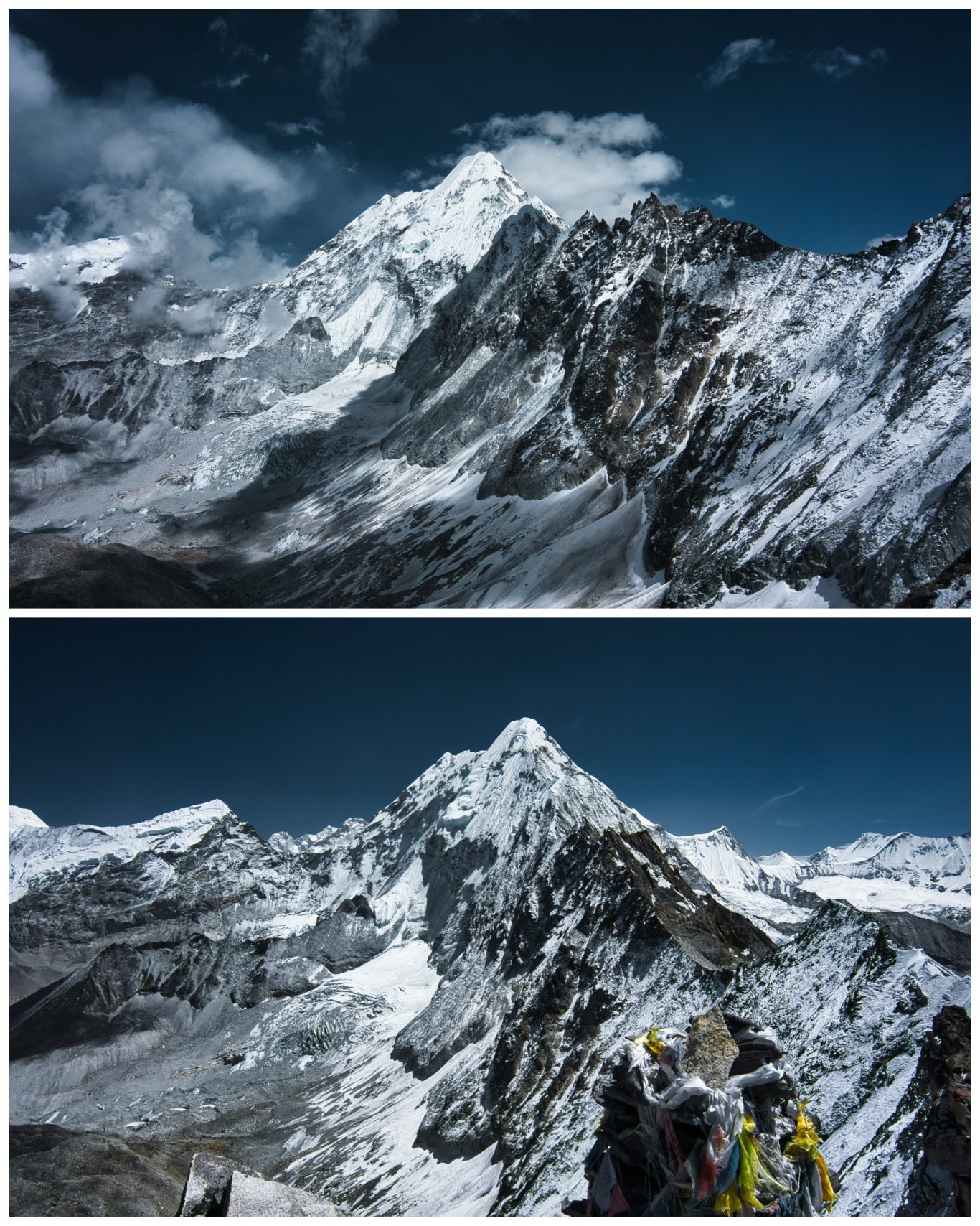 Amphu Lapcha La (5.845 m) Schneebedeckte Berge unter klarem Himmel, mit Felsen und Gletschern sichtbar.