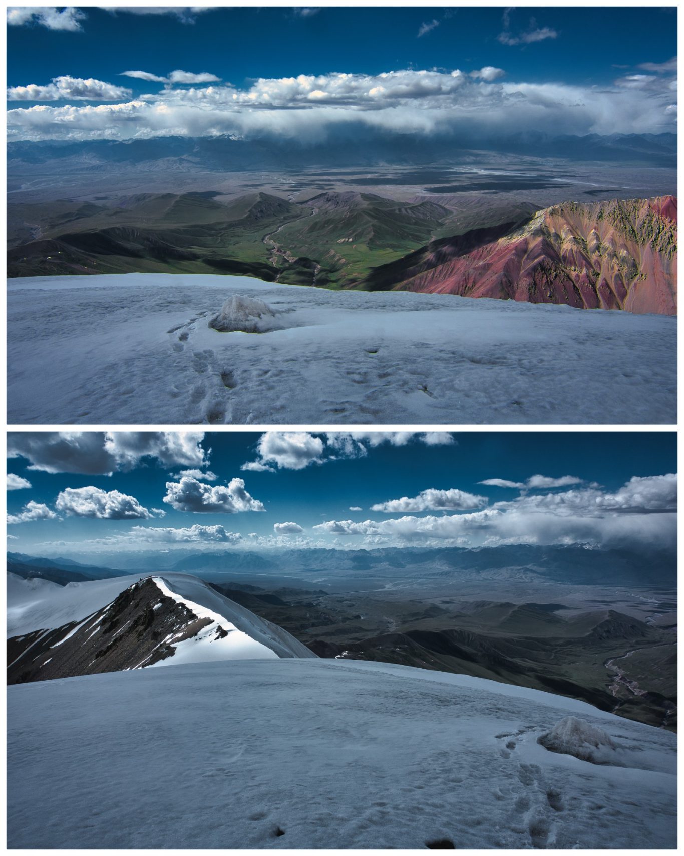 Yukhin Peak (5.130 m) Berglandschaft mit schneebedecktem Gipfel und grünen Tälern unter einem bewölkten Himmel.