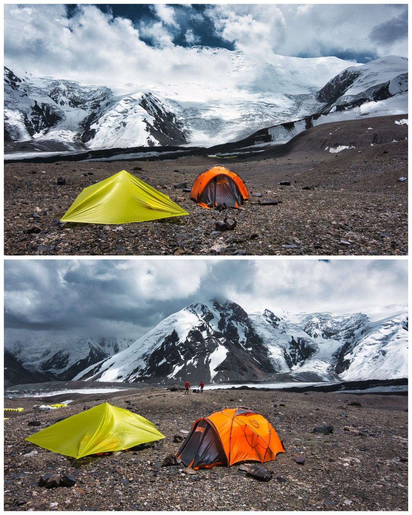 Pik Lenin Basecamp (ca. 4.900 m) Zwei Zelte, gelb und orange, stehen in einer bergigen, schneebedeckten Landschaft.