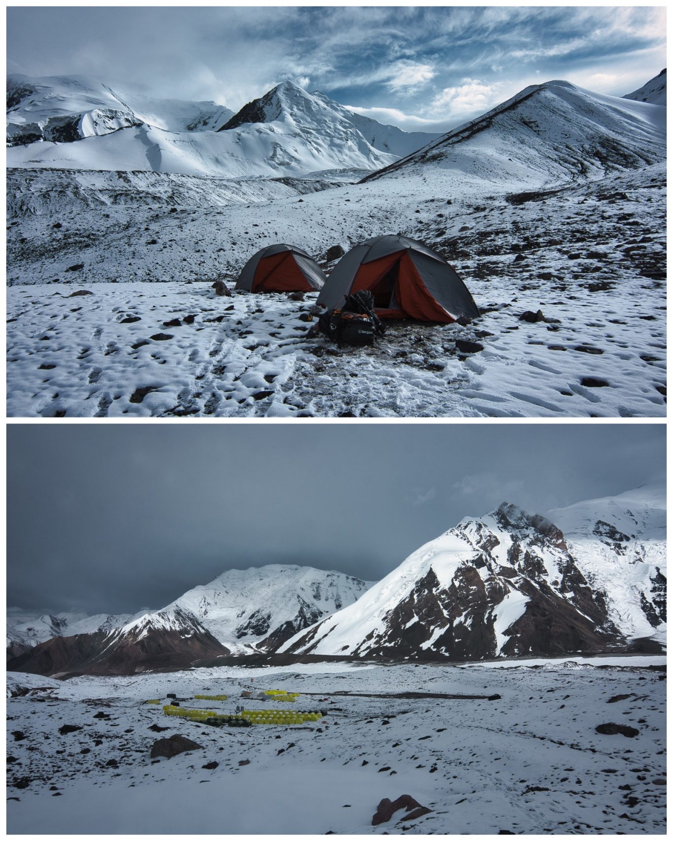 Pik Lenin Basecamp (ca. 4.900 m) Zwei Zelte auf schneebedecktem Gelände mit Bergen im Hintergrund und grauem Himmel.