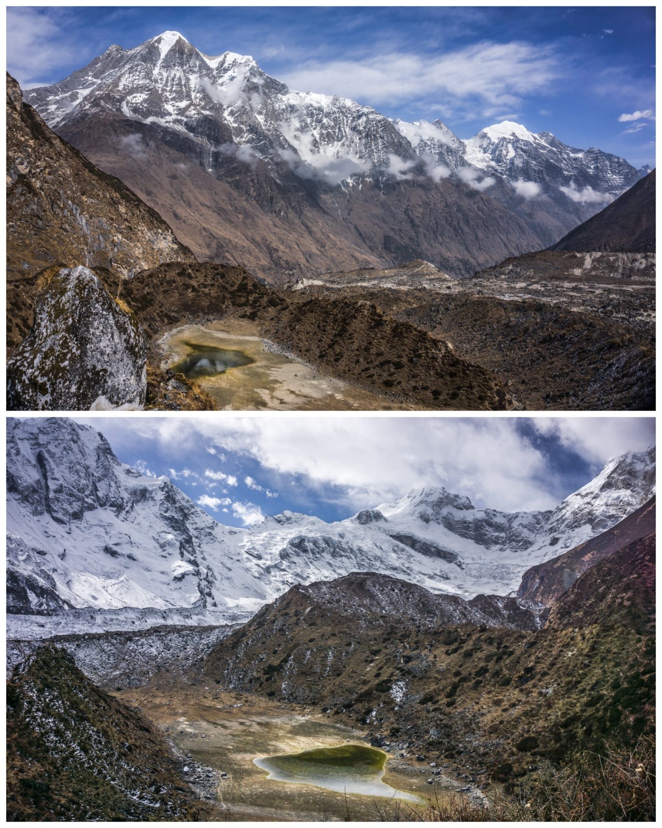 Pungyen Valley (ca. 4.400 m) Schneebedeckte Berge umgeben ein tiefes Tal mit einem kleinen, klaren See.