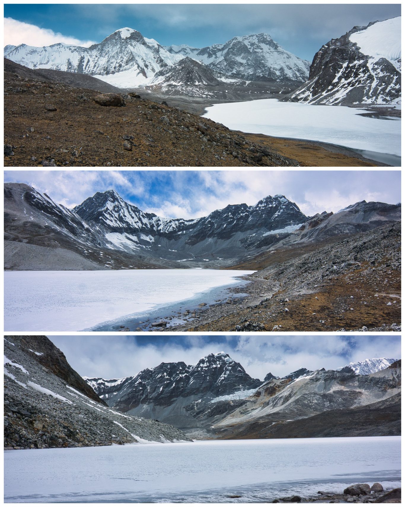 Amphu Lapcha Basecamp (ca. 5.500 m) Schneebedeckte Berge umgeben einen gefrorenen See mit steiniger Landschaft im Vordergrund.