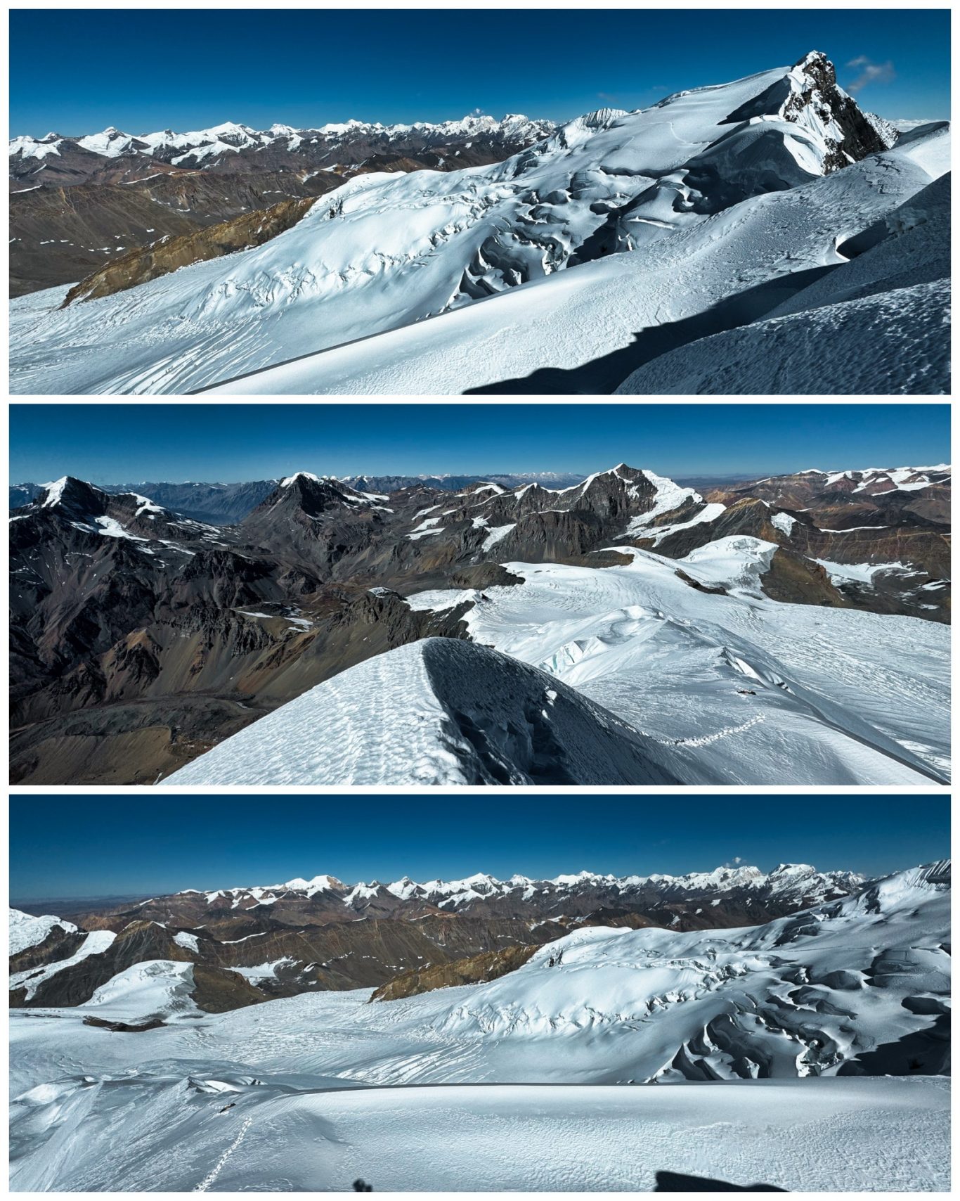 Chulu West Summit (6.419 m) Panorama eines schneebedeckten Gebirges mit Gipfeln und Gletschern unter klarem Himmel.