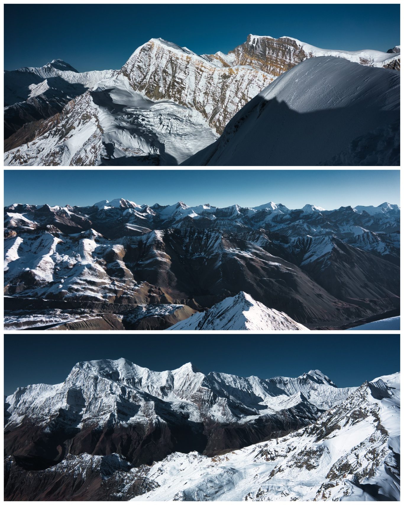 Chulu Far East Summit (6.059 m) Schneebedeckte Berglandschaft mit hochaufragenden Gipfeln und tiefen Tälern.