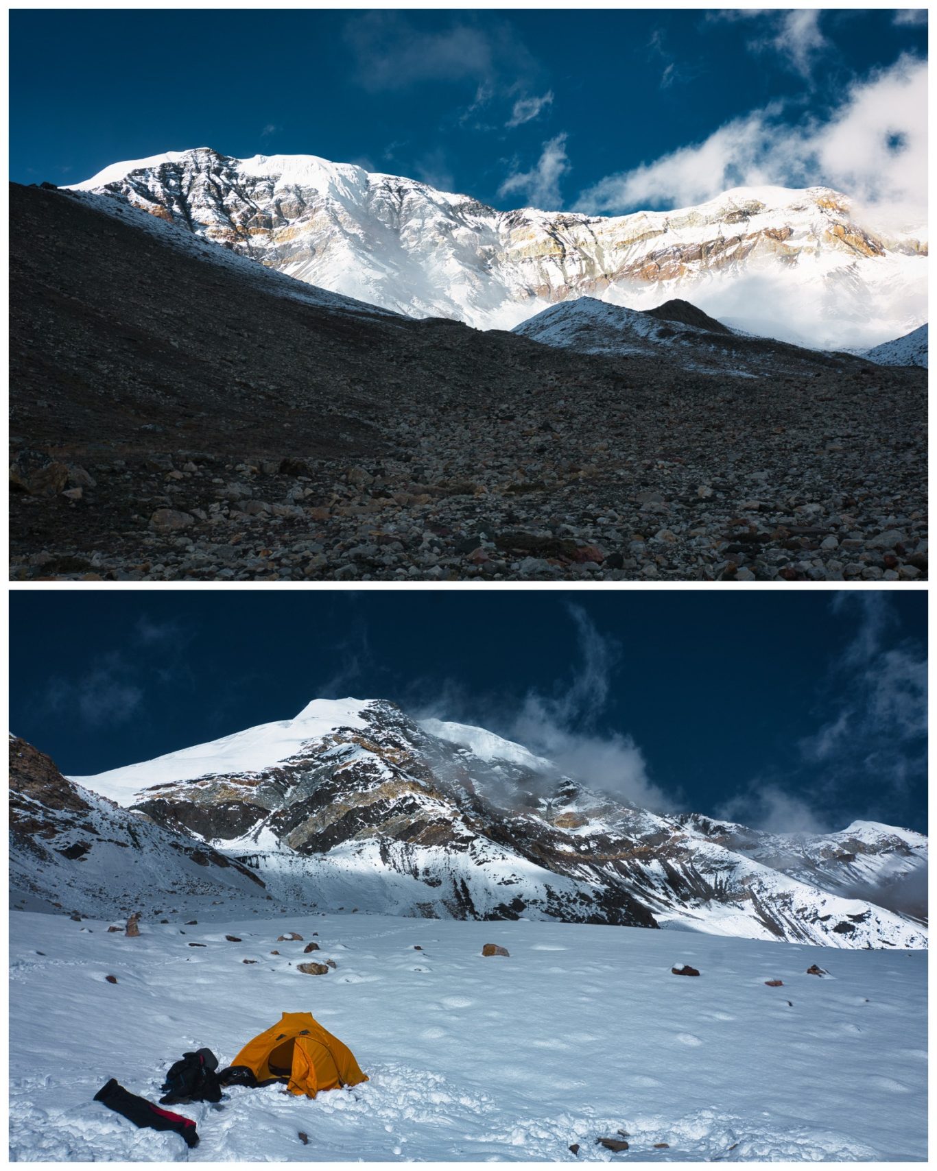 Chulu Far East High Camp (ca. 5.400 m) Zwei Berglandschaften mit Schnee, ein Zelt im Vordergrund und eine schneebedeckte Bergspitze.