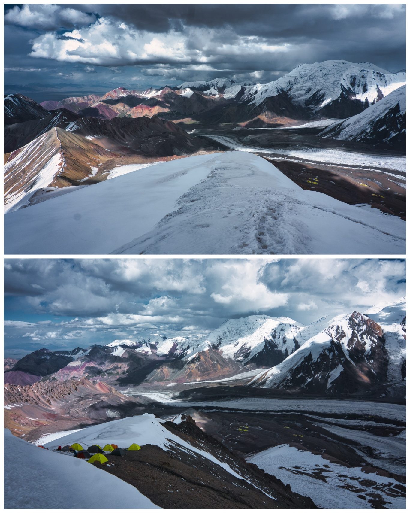 Yukhin Peak (5.130 m) Berglandschaft mit schneebedeckten Gipfeln und einem Tal mit Zelten. Dramatische Wolkenbildung.