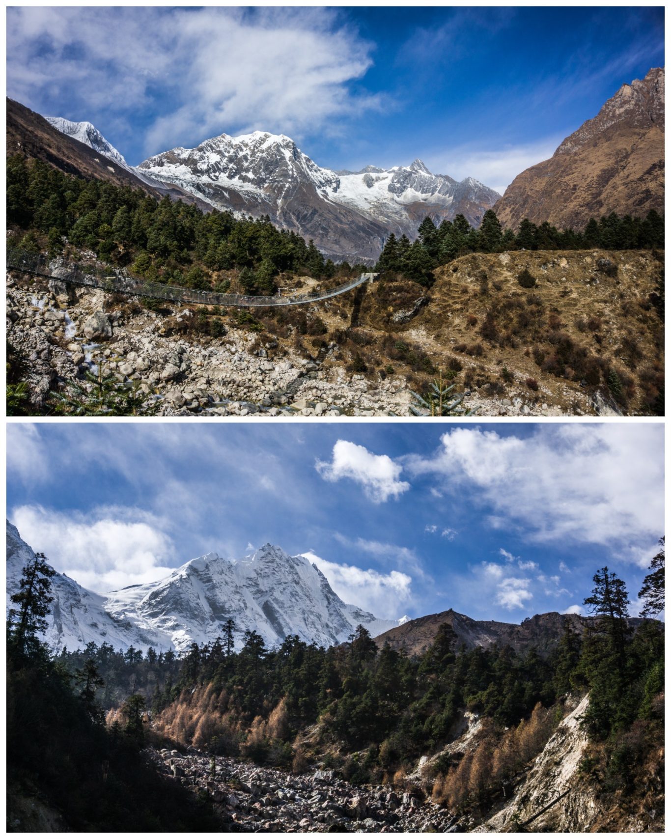 Himalchuli (7.893 m) Berglandschaft mit schneebedeckten Gipfeln und grünem Tal unter blauem Himmel.