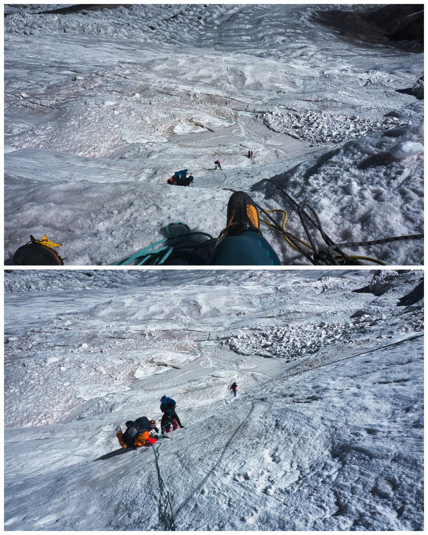 Aufstieg in Camp 1 am Pik Lenin Bergsteiger auf einem Gletscher, Panorama mit Seilführung und felsiger Umgebung.