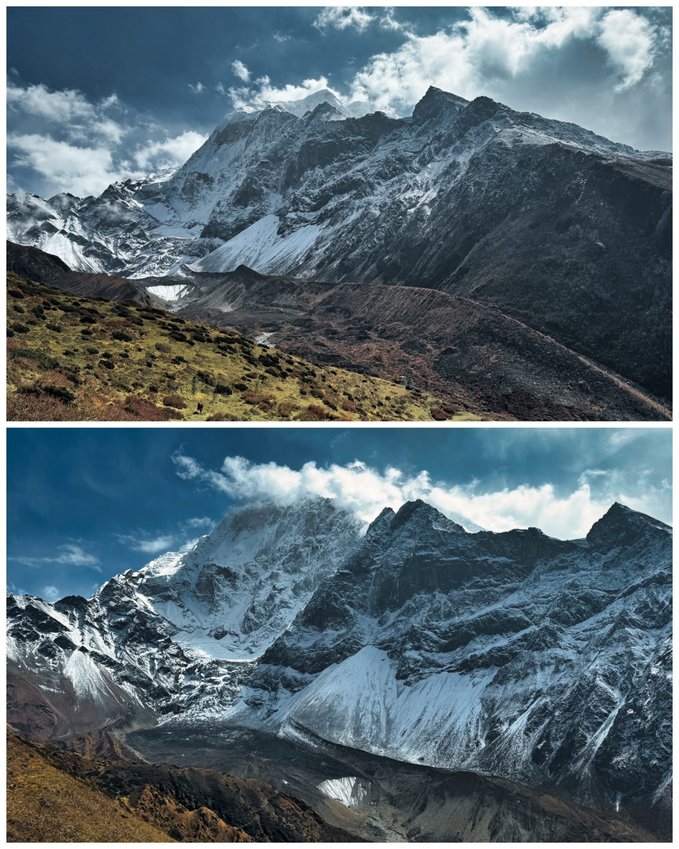 Pangpoche (6.620 m) Zwei Aufnahmen majestätischer Berge mit schneebedeckten Gipfeln und Wolken.