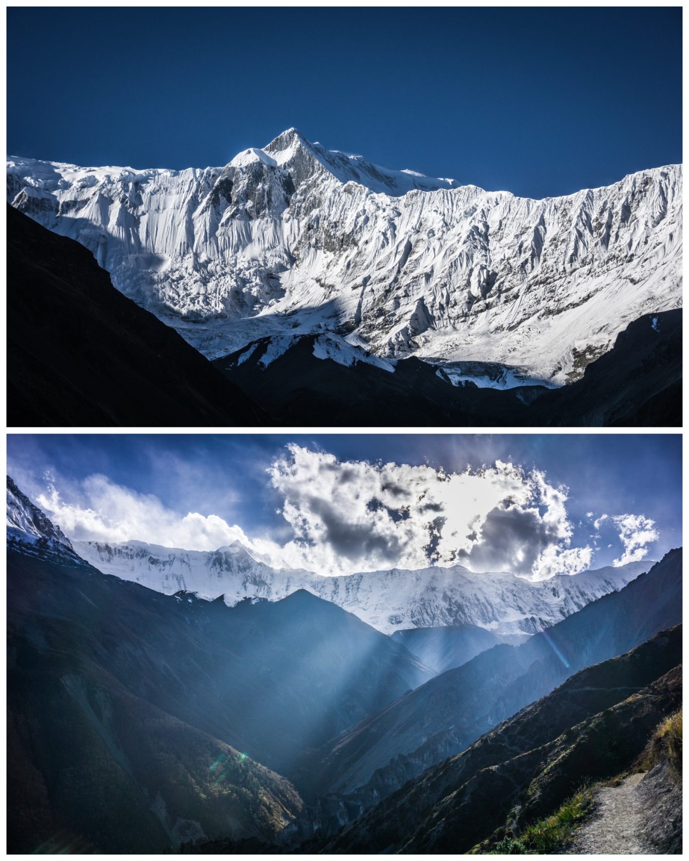 Khangsar Kang (7.485 m) Hohe, schneebedeckte Berge unter einem klaren blauen Himmel mit Sonnenstrahlen zwischen Wolken.