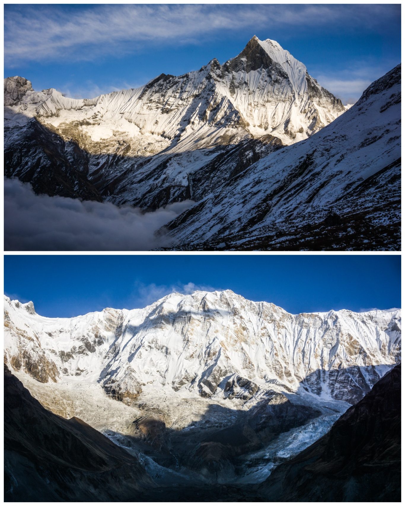 Machapuchare (6.997 m) & Annapurna I (8.091 m) Schneebedeckte Berglandschaft mit steilen Gipfeln und tiefen Tälern unter klarem Himmel.