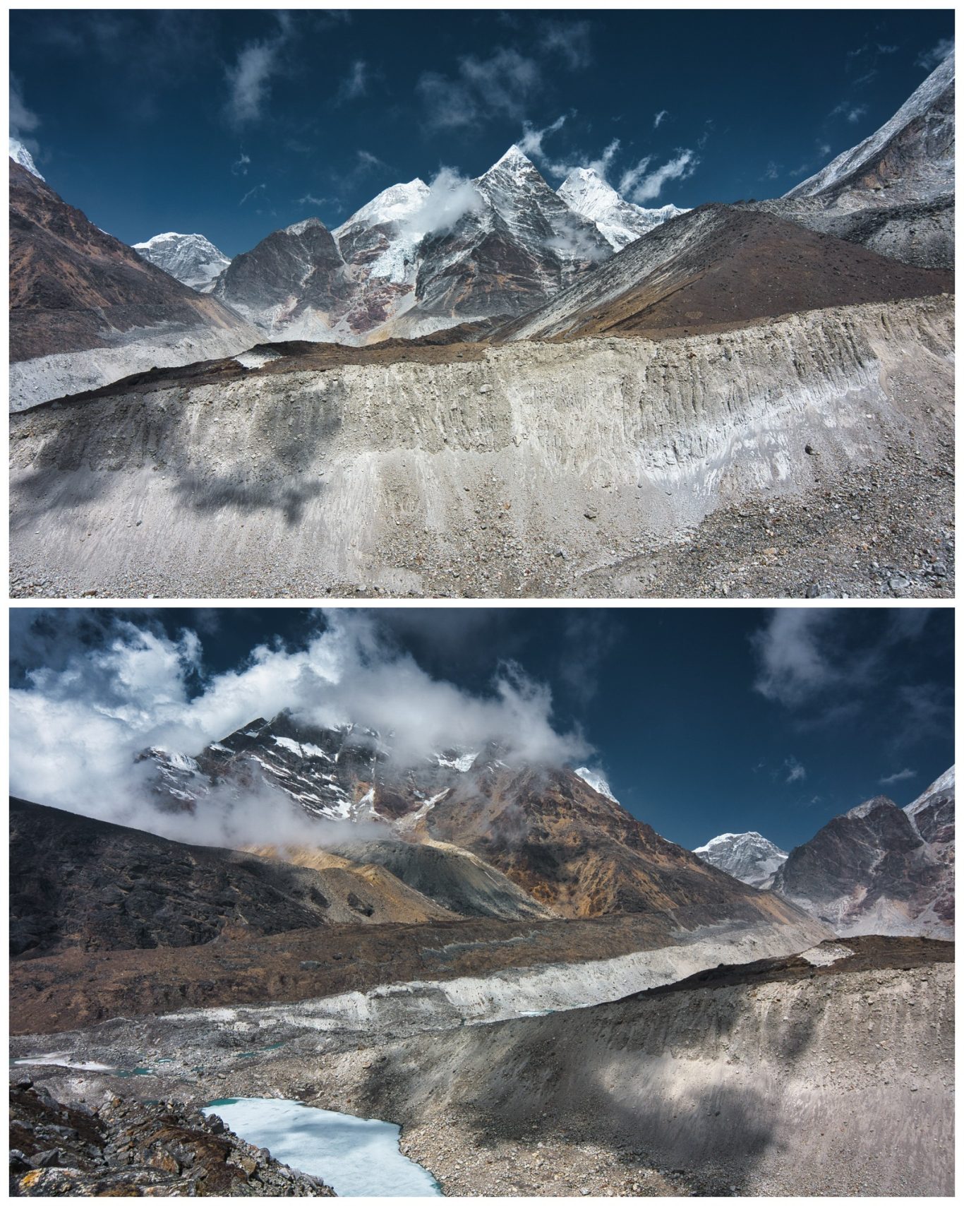 Nähe Khare Village (ca. 4.900 m) Zwei Ansichten eines gebirgigen Landschaftsbildes mit Gletschern und Wolken.
