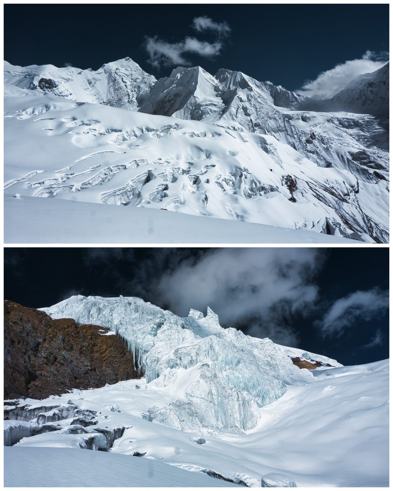 Aufstieg in Camp 2 am Himlung Himal Blick auf schneebedeckte Berge und Gletscher unter einem bewölkten Himmel.