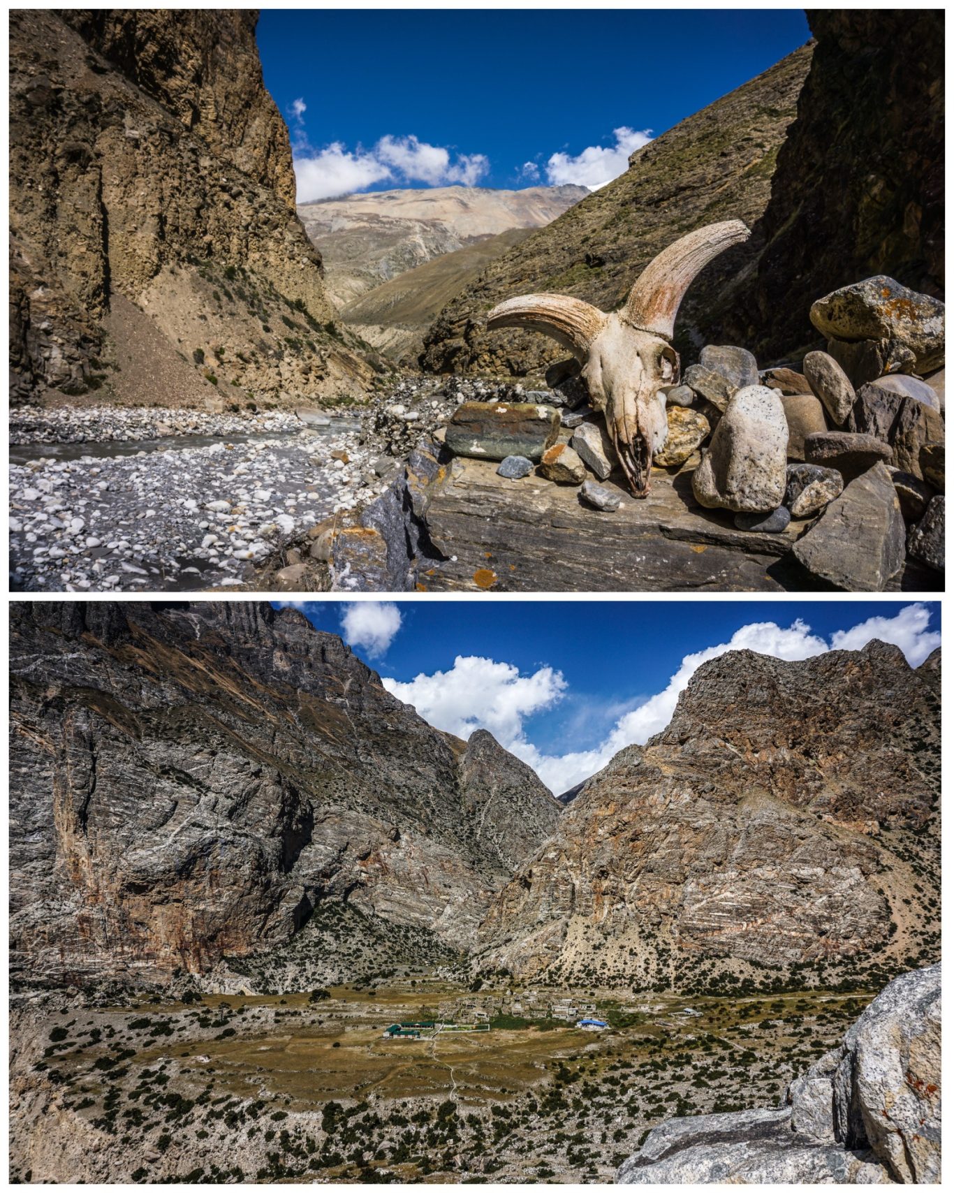 Kyang Village (3.820 m) Zwei Ansichten eines Bergtals mit schroffen Felsen und einer weiten Landschaft.