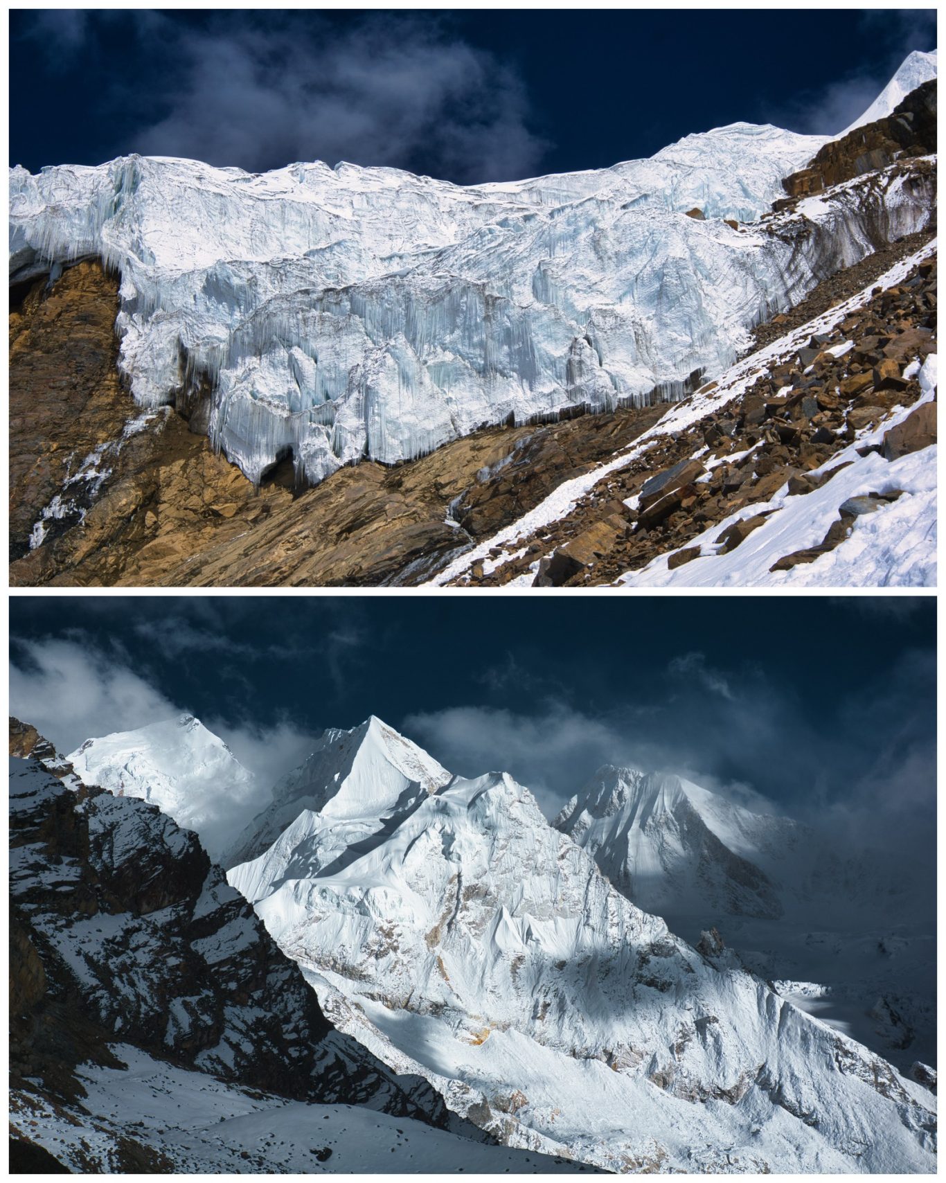 Aufstieg in Camp 1 am Himlung Himal Oben: Eisiger Gletscher. Unten: Majestätischer Berg mit schneebedecktem Gipfel.