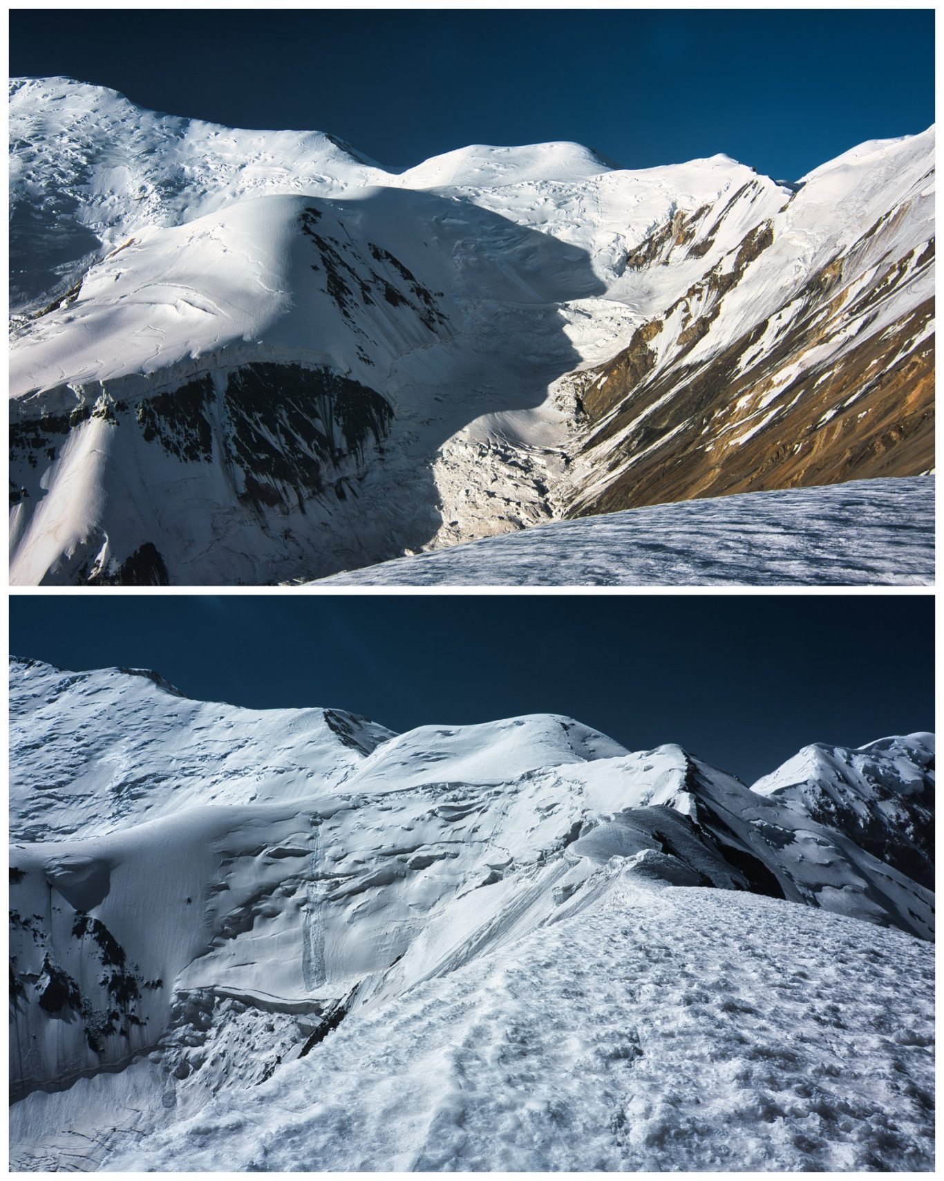 Pik 30 Jahre Usbekische SSR (ca. 5.600 m) Schneebedeckte Berge mit steilen Hängen und klar blauem Himmel.