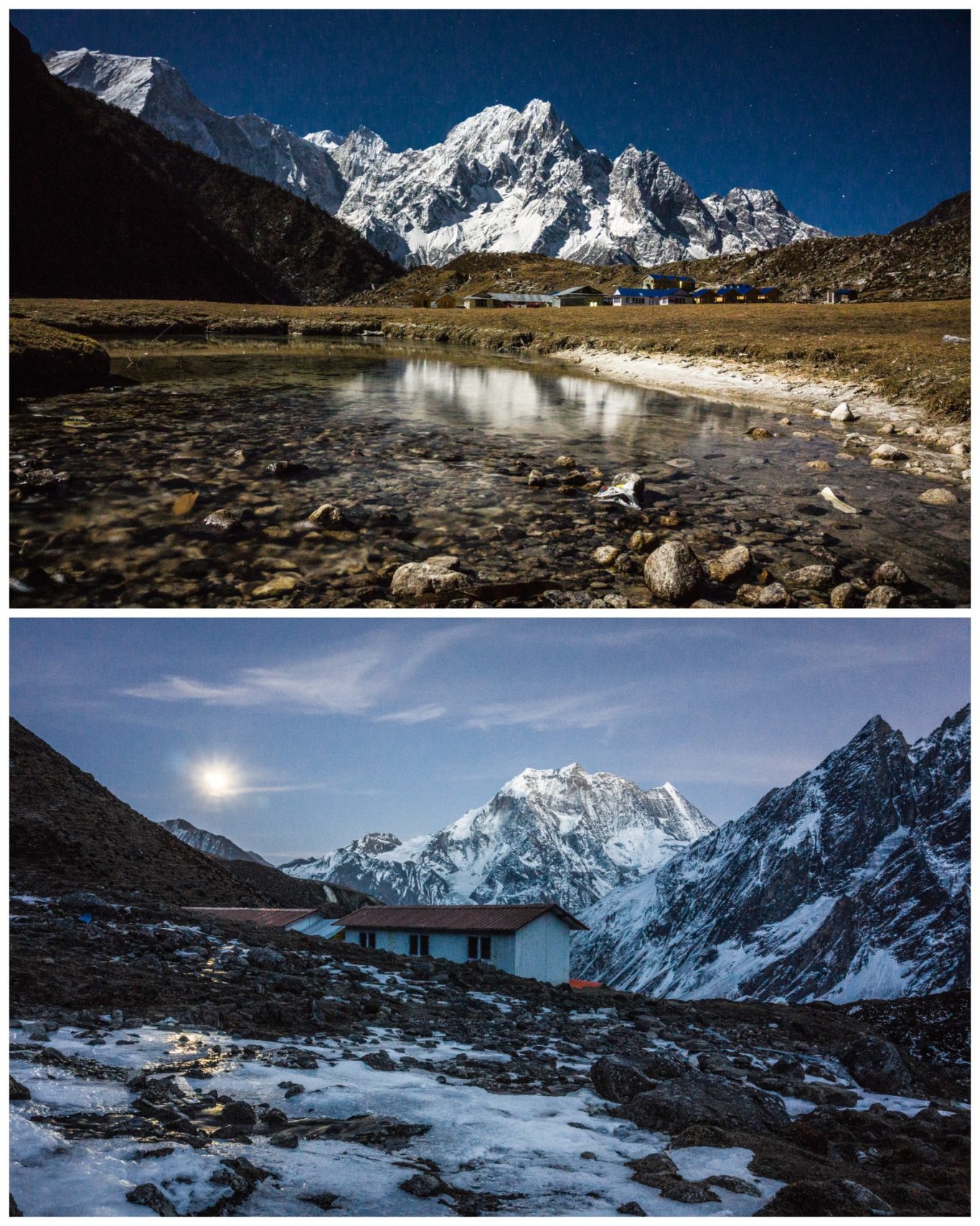 Dharamsala (4.480 m) Berglandschaft mit schneebedeckten Gipfeln und ruhigem Fluss im Vordergrund.