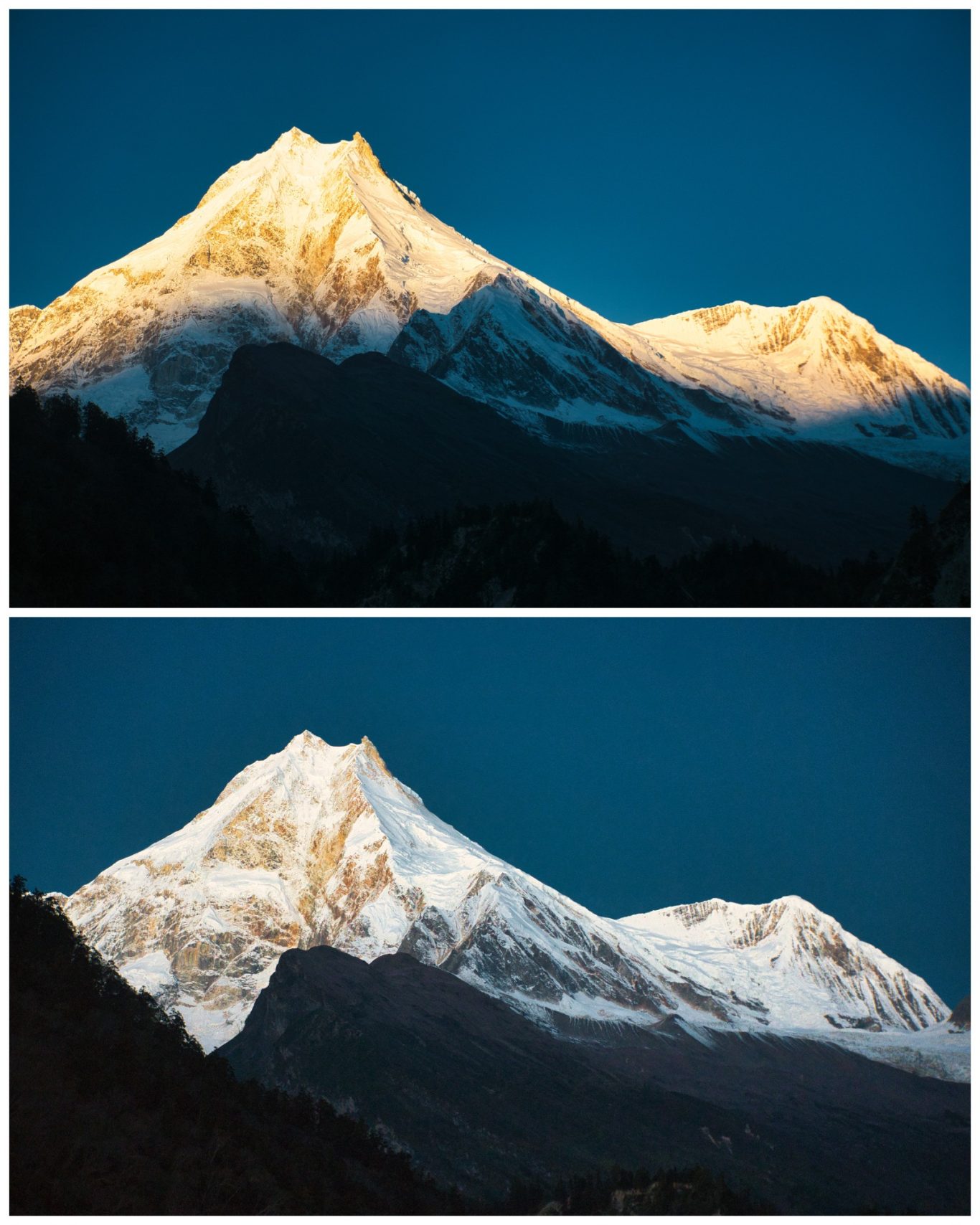 Manaslu (8.163 m) von Lho Village Schneebedeckter Gipfel eines Berges, beleuchtet von der Abendsonne am Himmel.