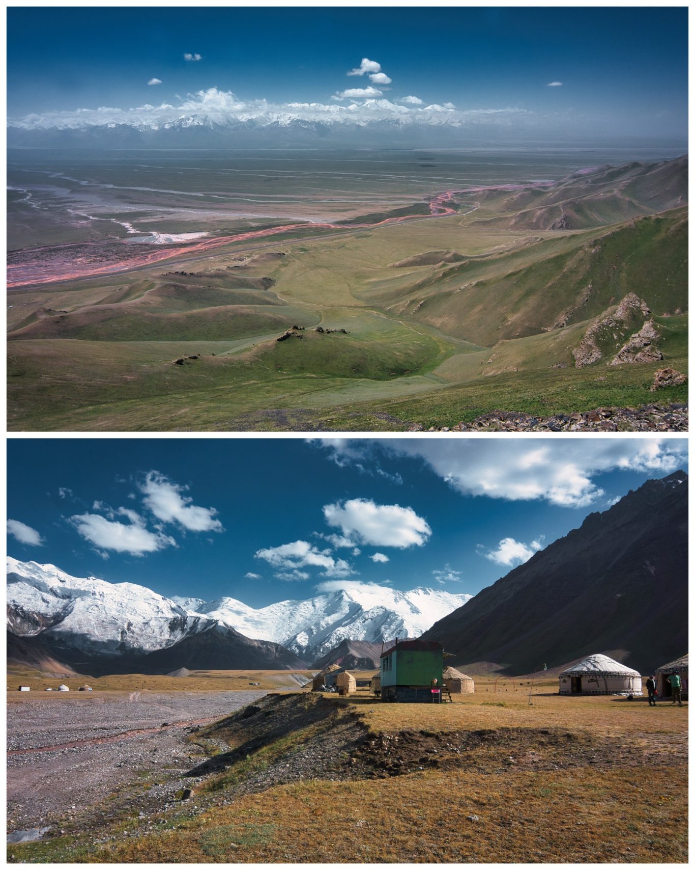 Alai-Tal Zwei Landschaften mit Bergen, grünen Tälern und einem blauen Himmel, mit Zelten im Vordergrund.
