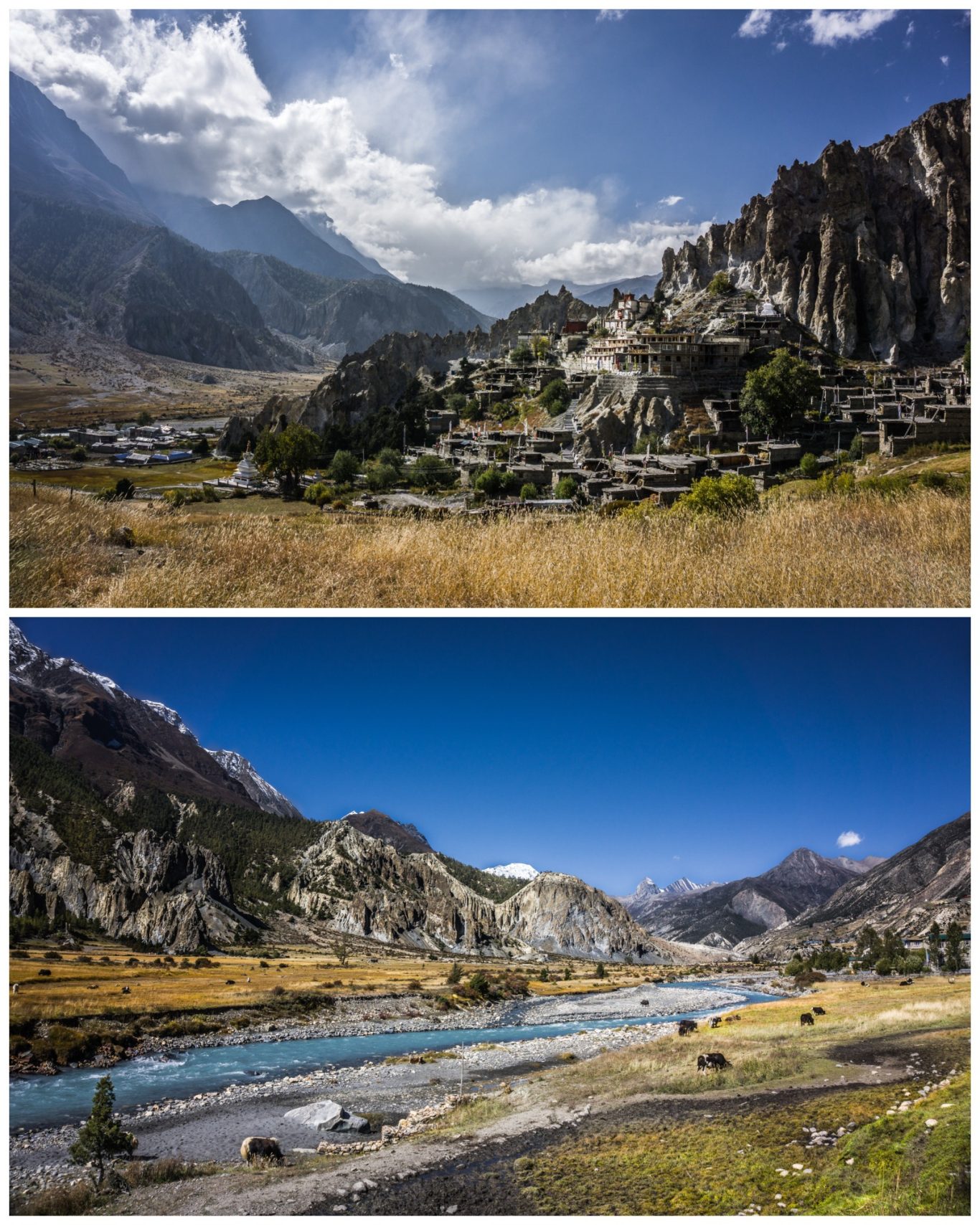 Braka (3.450 m) & Manang Valley Berglandschaft mit Felsen, Weideland und Fluss unter blauem Himmel.