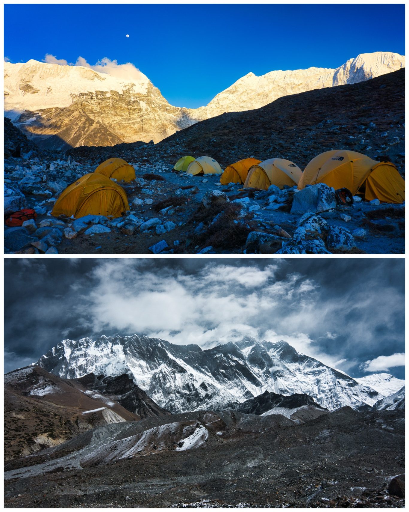 Island Peak Basecamp (ca. 5.100 m) Zeltlager in den Bergen, Tageslicht über schneebedeckten Gipfeln und bewölktem Himmel.