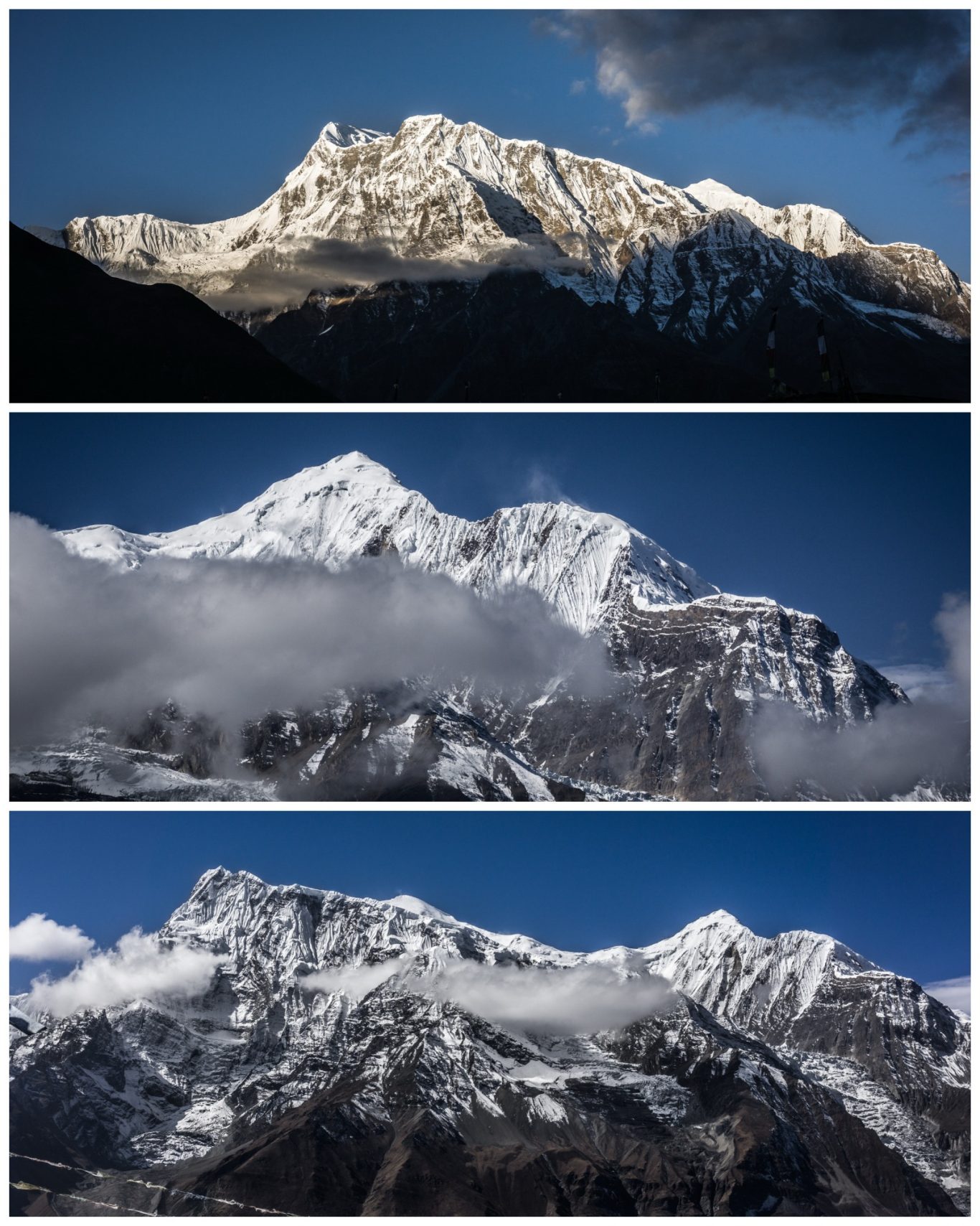 Annapurna III (7.555 m) & Gangapurna (7.455 m) Drei Bilder von schneebedeckten Bergen unter unterschiedlichen Lichtverhältnissen.