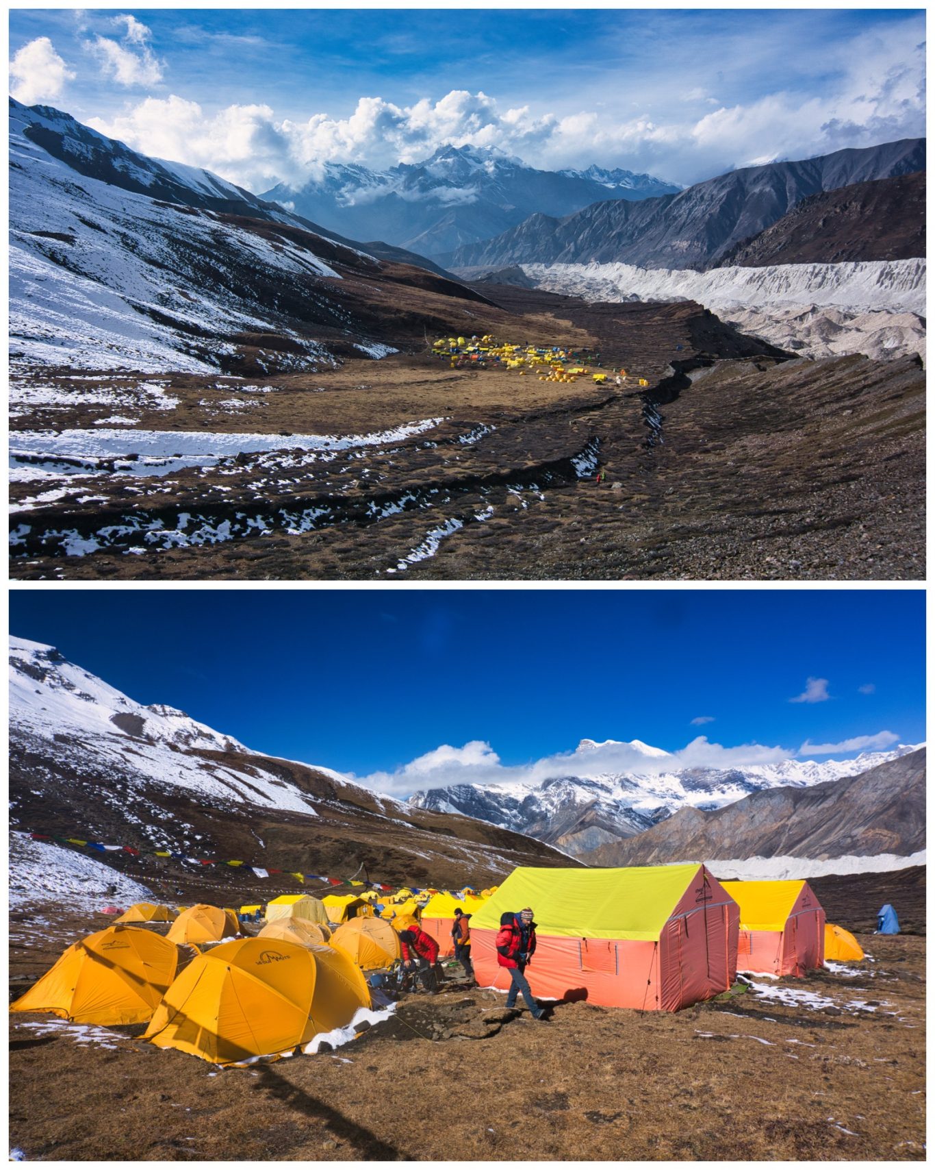 Himlung Basecamp (ca. 5.000 m) Berglandschaft mit Zelten in Schnee- und Gletscherregion, klarer blauer Himmel.