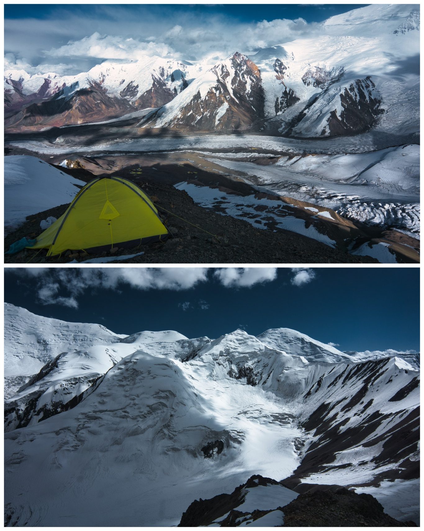 Yukhin Peak (5.130 m) Zwei Ansichten eines schneebedeckten Gebirges mit einem gelben Zelt im Vordergrund.