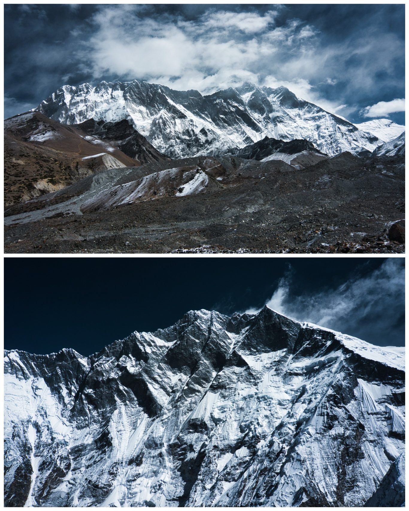 Lhotse (8.516 m) Zwei Ansichten eines majestätischen Gebirges mit schneebedeckten Gipfeln und wolkigem Himmel.