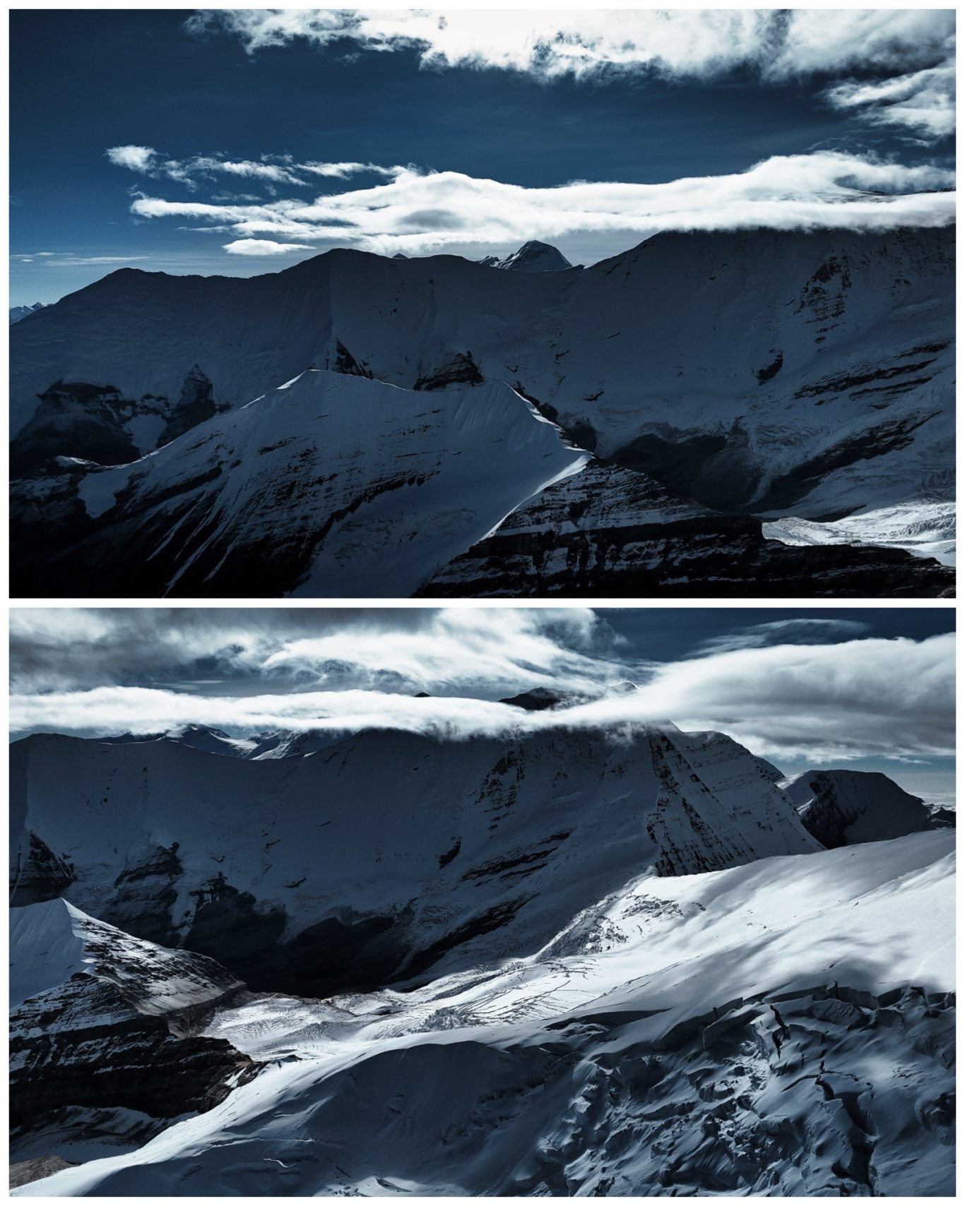 Churen Himal (7.371 m) Berglandschaft mit schneebedeckten Gipfeln und dramatischem, wolkigem Himmel.